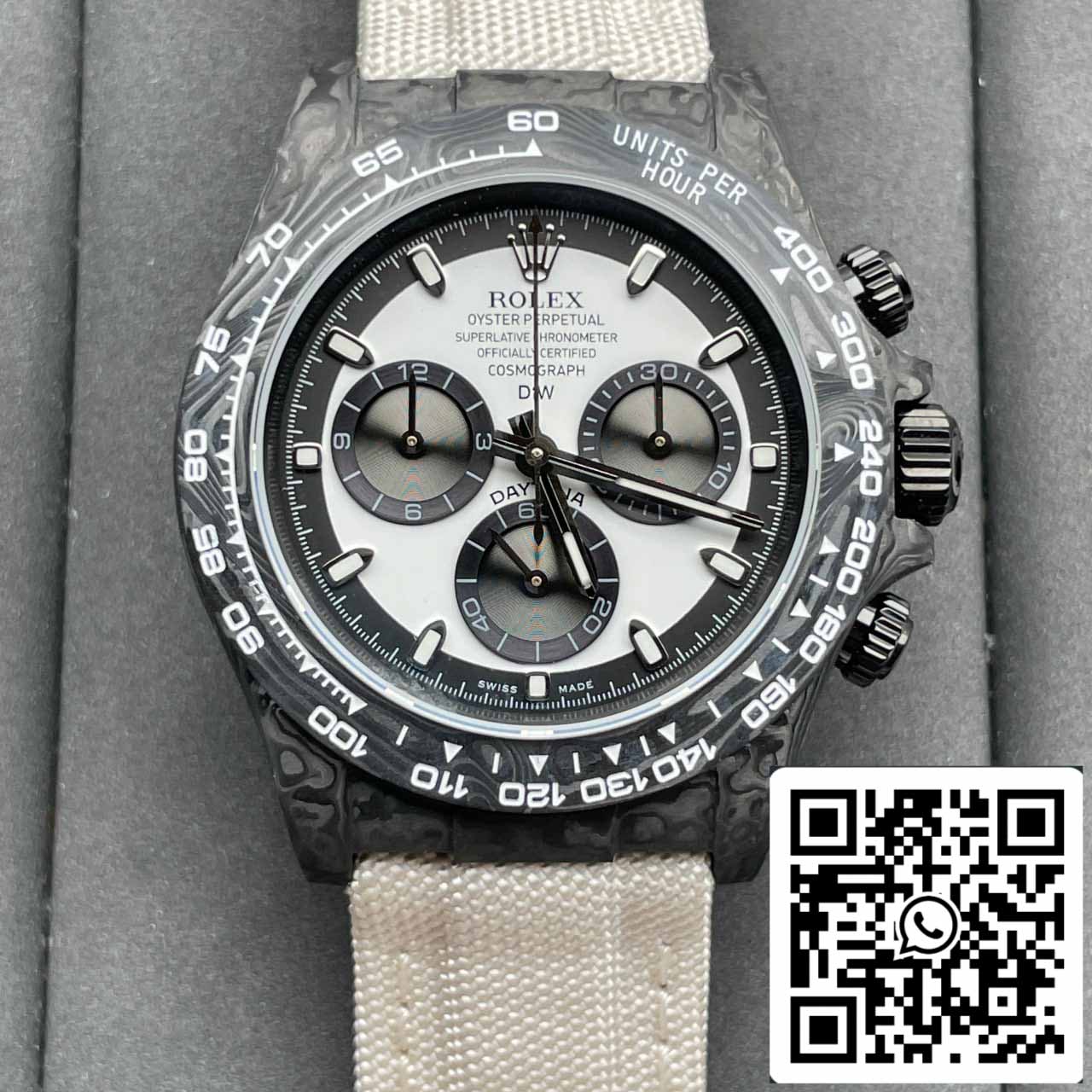 Rolex Daytona Cosmograph Fibre de carbone Diw Version personnalisée 1:1 Meilleure édition Noob Factory Cadran blanc