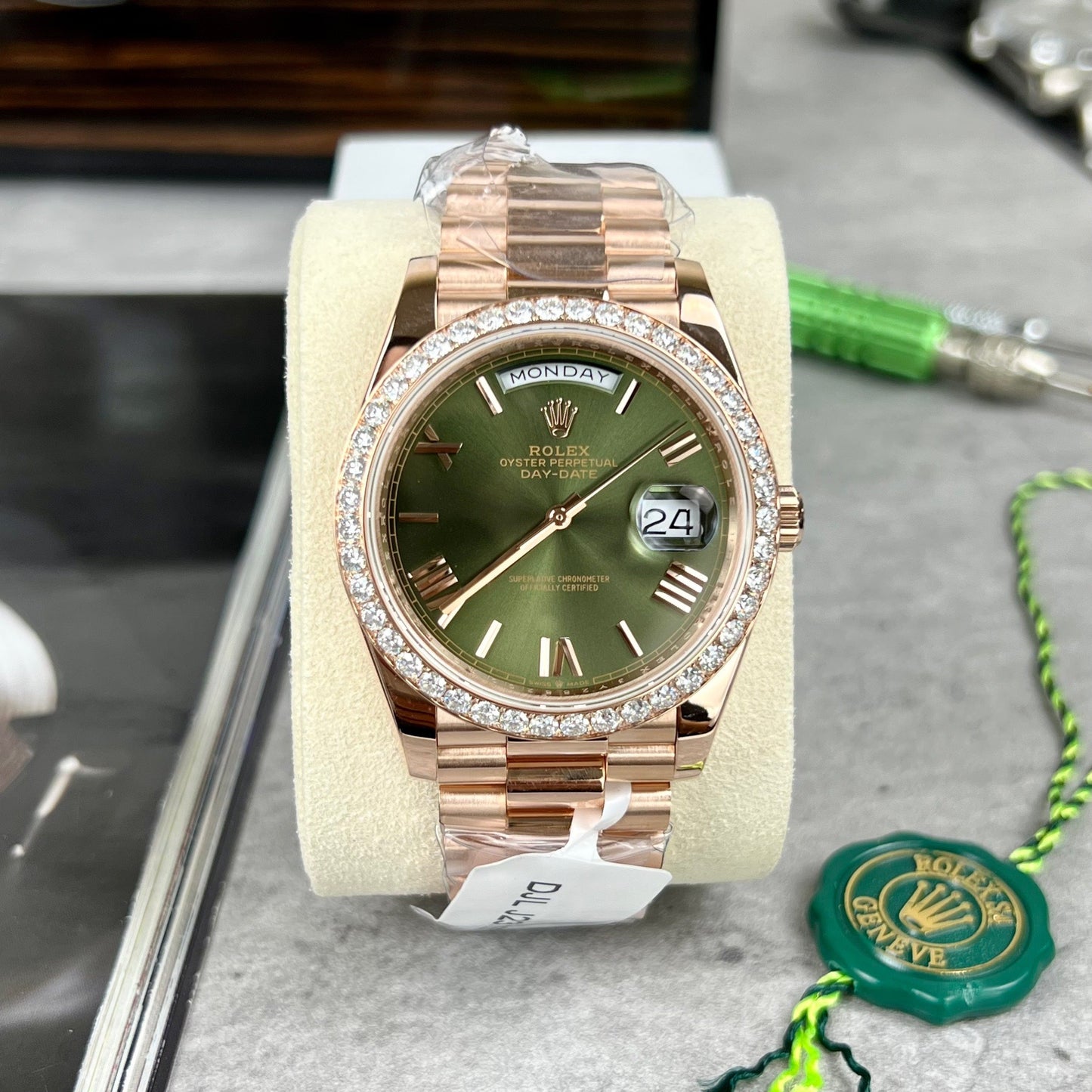 Rolex Day-Date 40 228345RBR Olive Dial with Wrapped 18k Rose gold and diamond