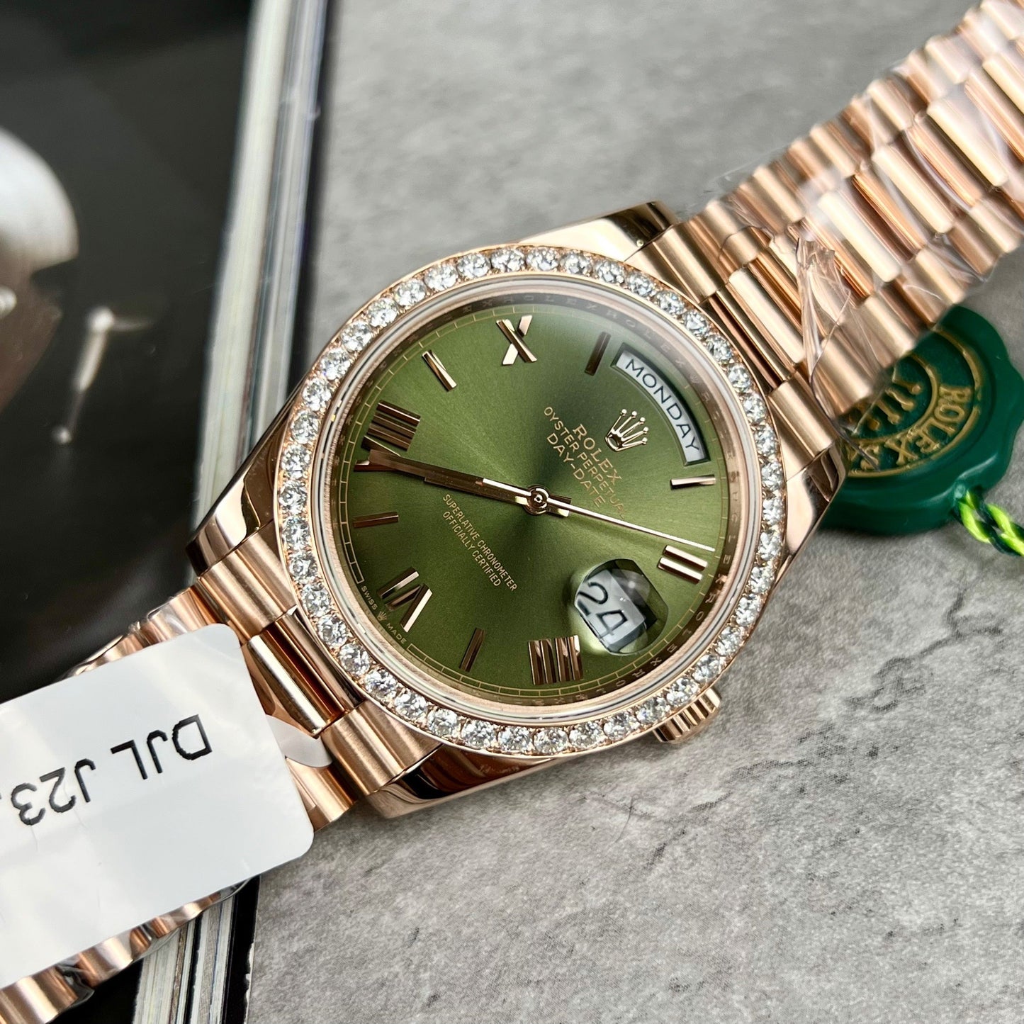 Rolex Day-Date 40 228345RBR Olive Dial with Wrapped 18k Rose gold and diamond