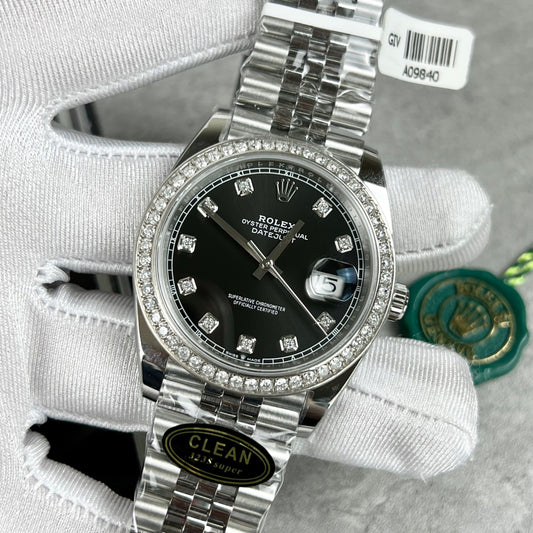 Rolex Datejust 41 Black Diamond Men's Watch 126334-0012 custom moissanite