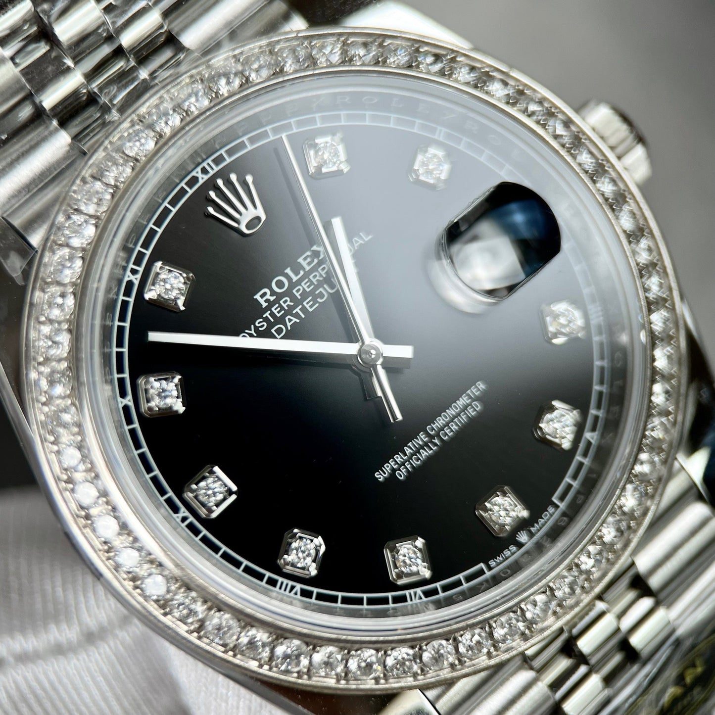 Rolex Datejust 41 Black Diamond Men's Watch 126334-0012 custom moissanite