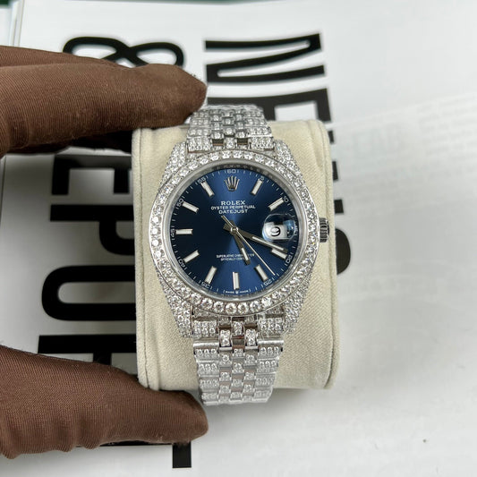 Rolex Datejust 41 Herrenuhr mit blauem Zifferblatt 126334-0002, individuelles Moissanit