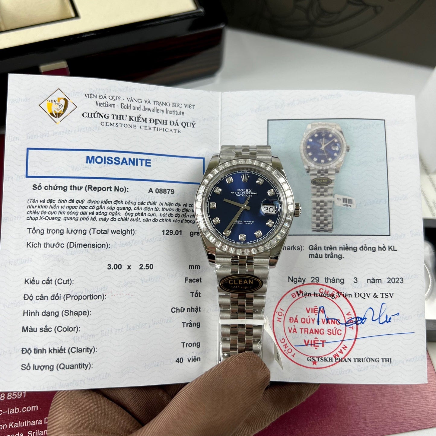 Rolex Datejust 41 Blue Moissanite Dial 126334-0016 and custom Moissanite baguette Bezel