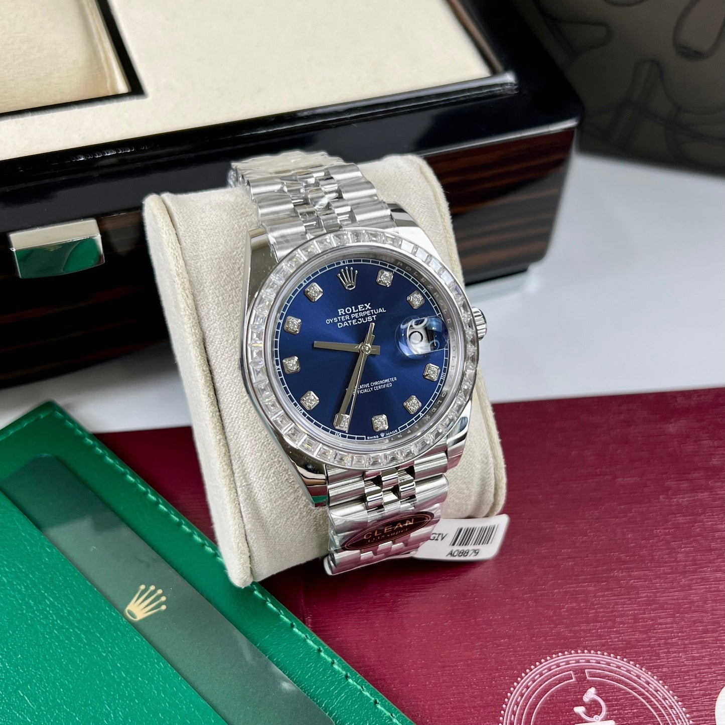 Rolex Datejust 41 Blue Moissanite Dial 126334-0016 and custom Moissanite baguette Bezel