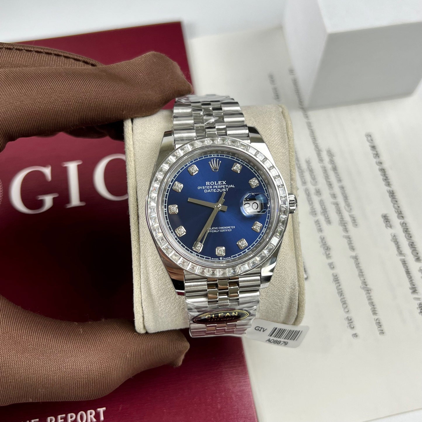 Rolex Datejust 41 Blue Moissanite Dial 126334-0016 and custom Moissanite baguette Bezel