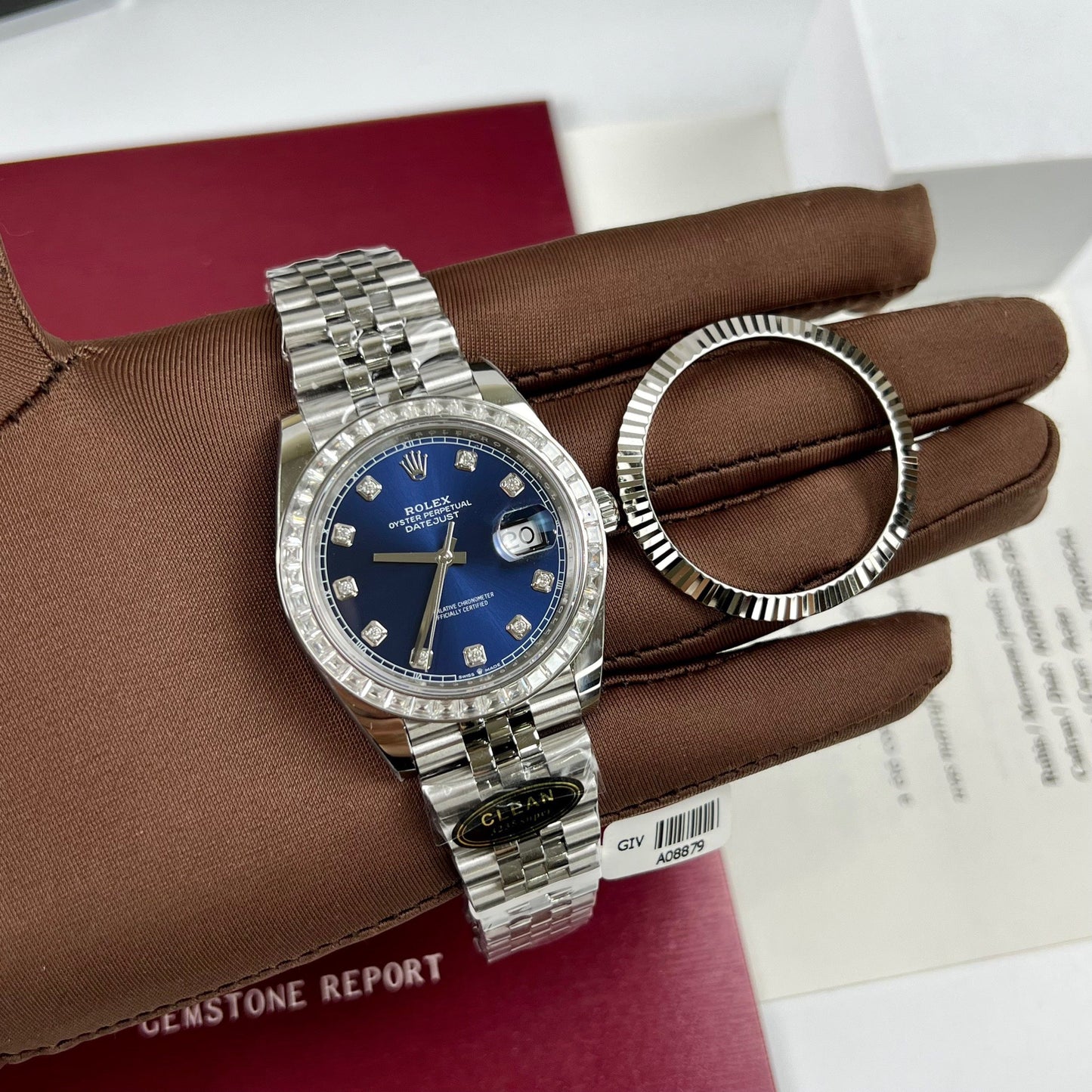 Rolex Datejust 41 Blue Moissanite Dial 126334-0016 and custom Moissanite baguette Bezel