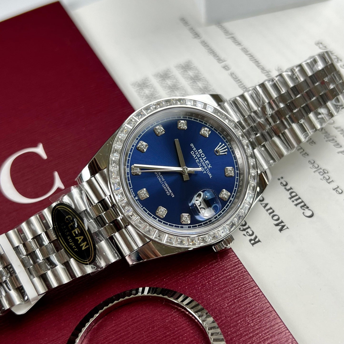 Rolex Datejust 41 Blue Moissanite Dial 126334-0016 and custom Moissanite baguette Bezel