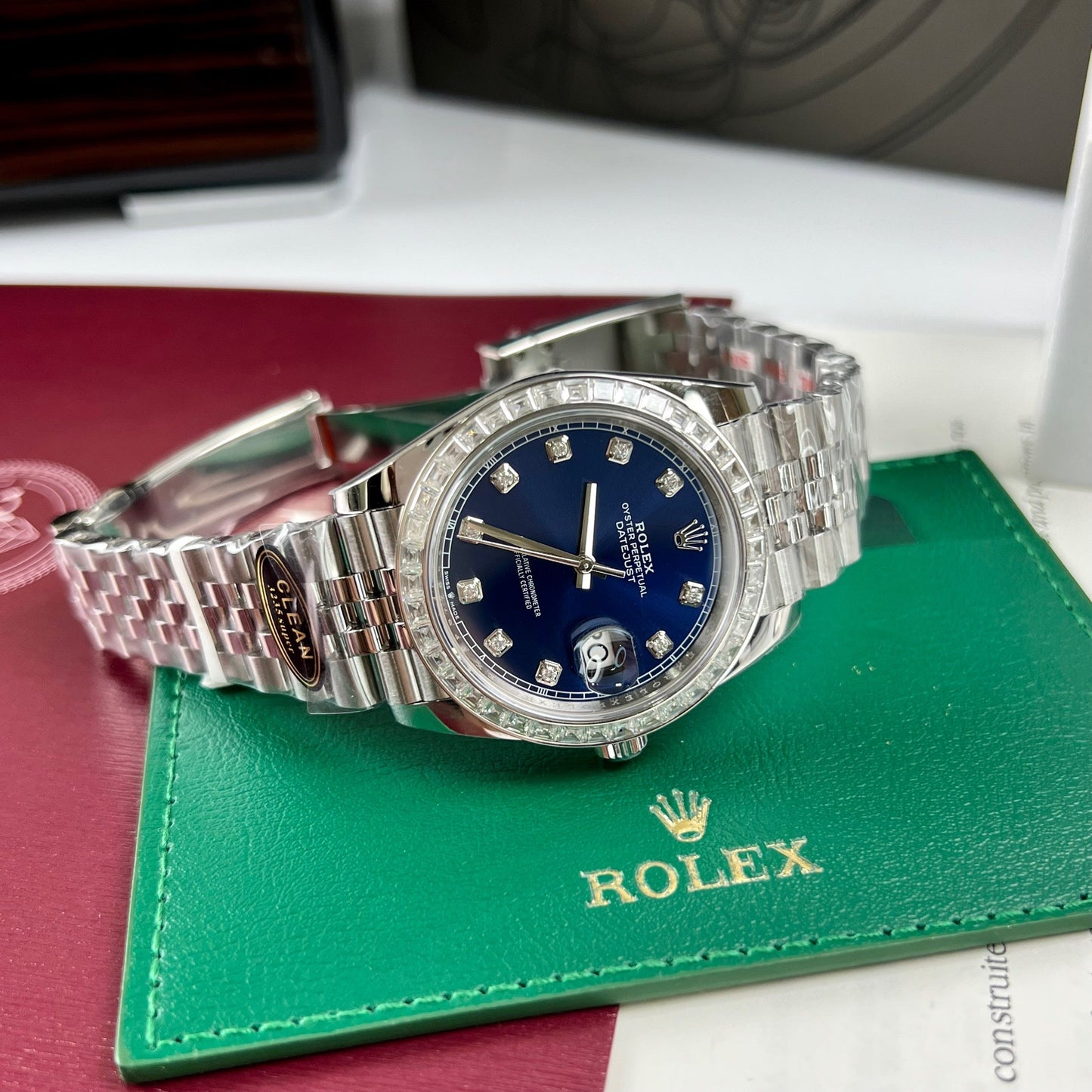 Rolex Datejust 41 Blue Moissanite Dial 126334-0016 and custom Moissanite baguette Bezel