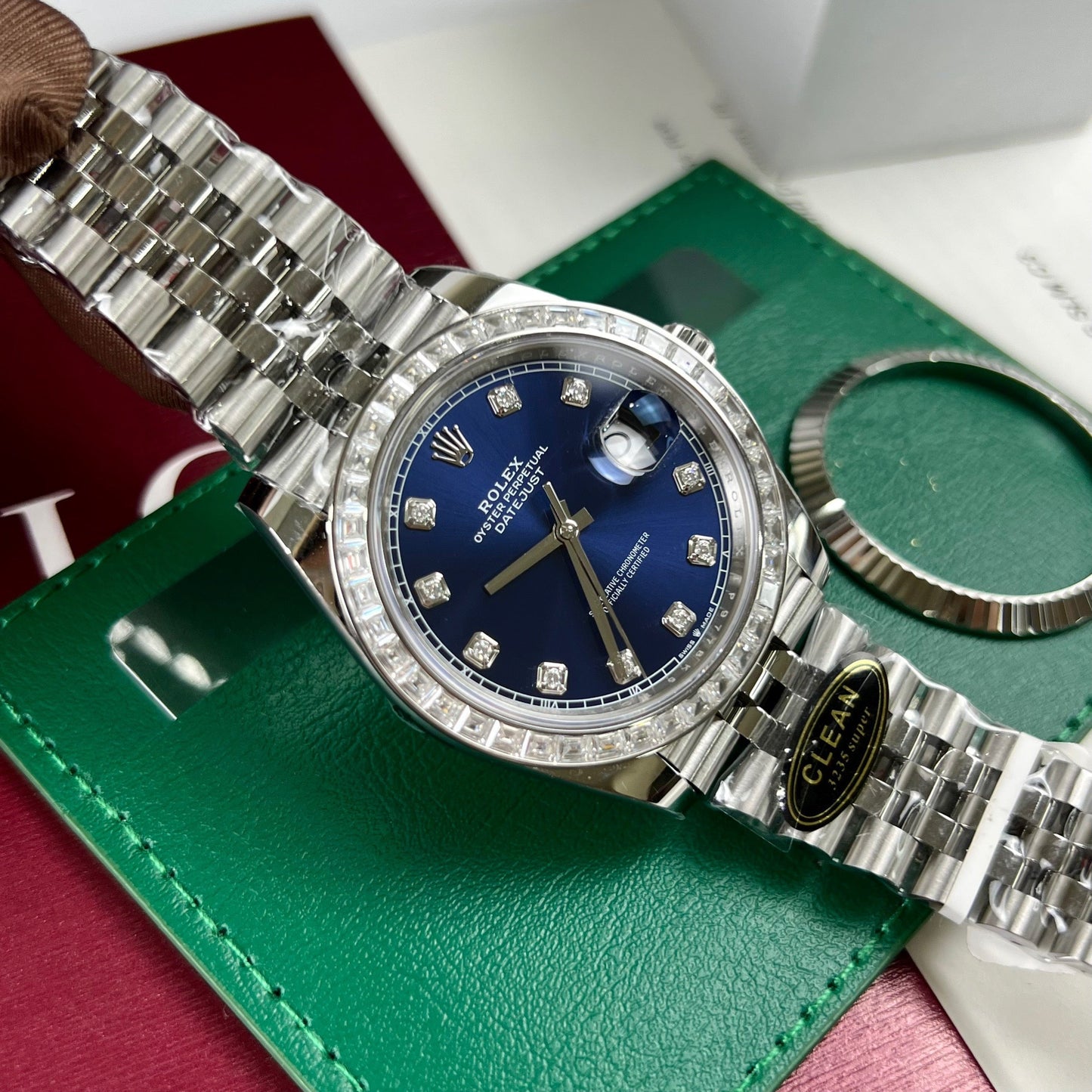 Rolex Datejust 41 Blue Moissanite Dial 126334-0016 and custom Moissanite baguette Bezel