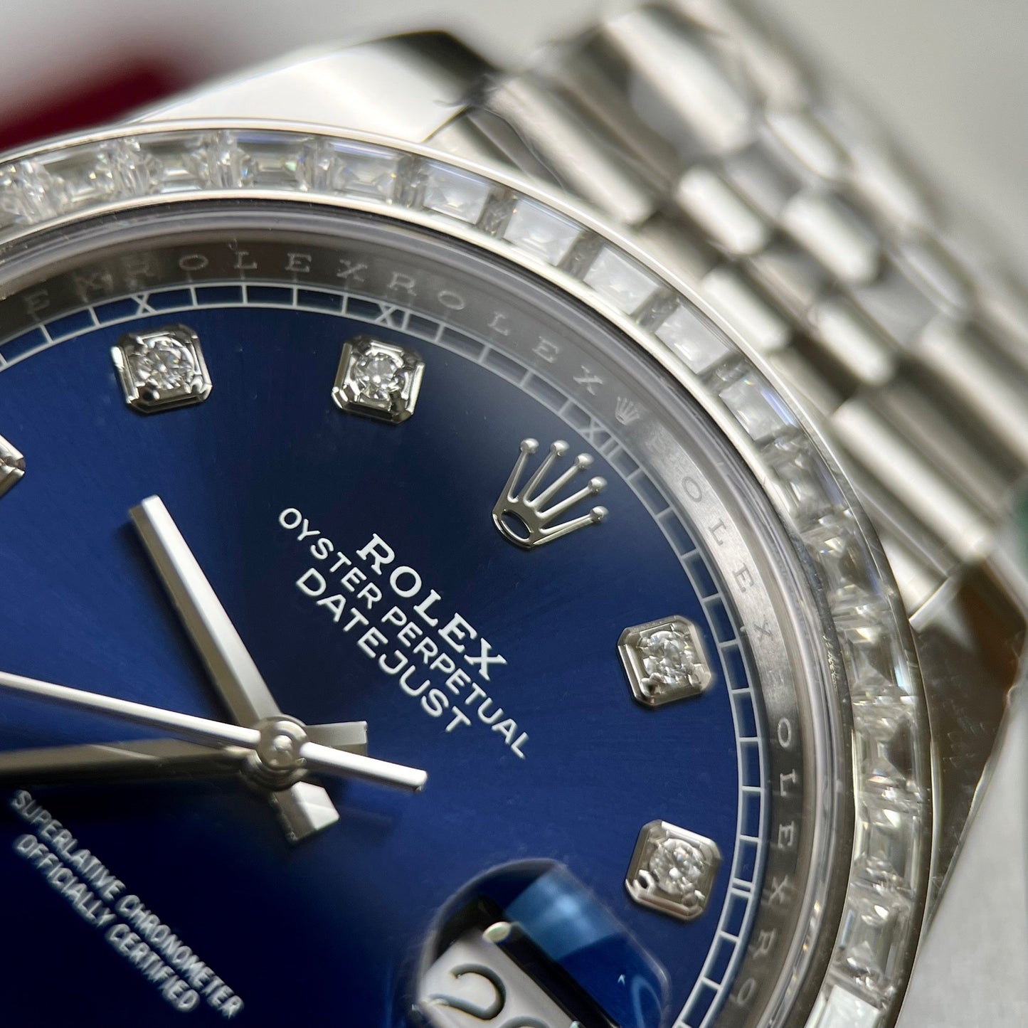 Rolex Datejust 41 Blue Moissanite Dial 126334-0016 and custom Moissanite baguette Bezel