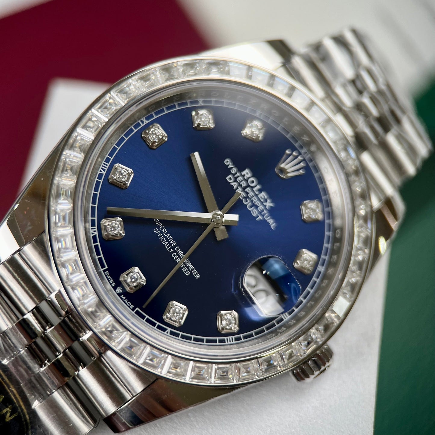 Rolex Datejust 41 Blue Moissanite Dial 126334-0016 and custom Moissanite baguette Bezel