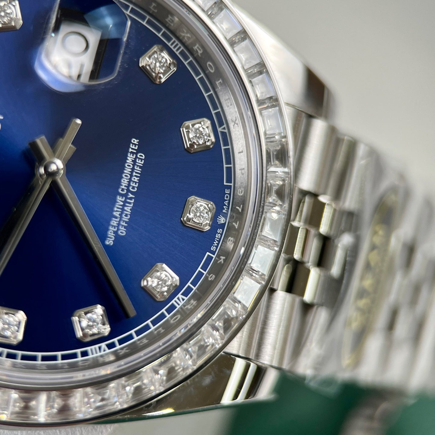 Rolex Datejust 41 Blue Moissanite Dial 126334-0016 and custom Moissanite baguette Bezel