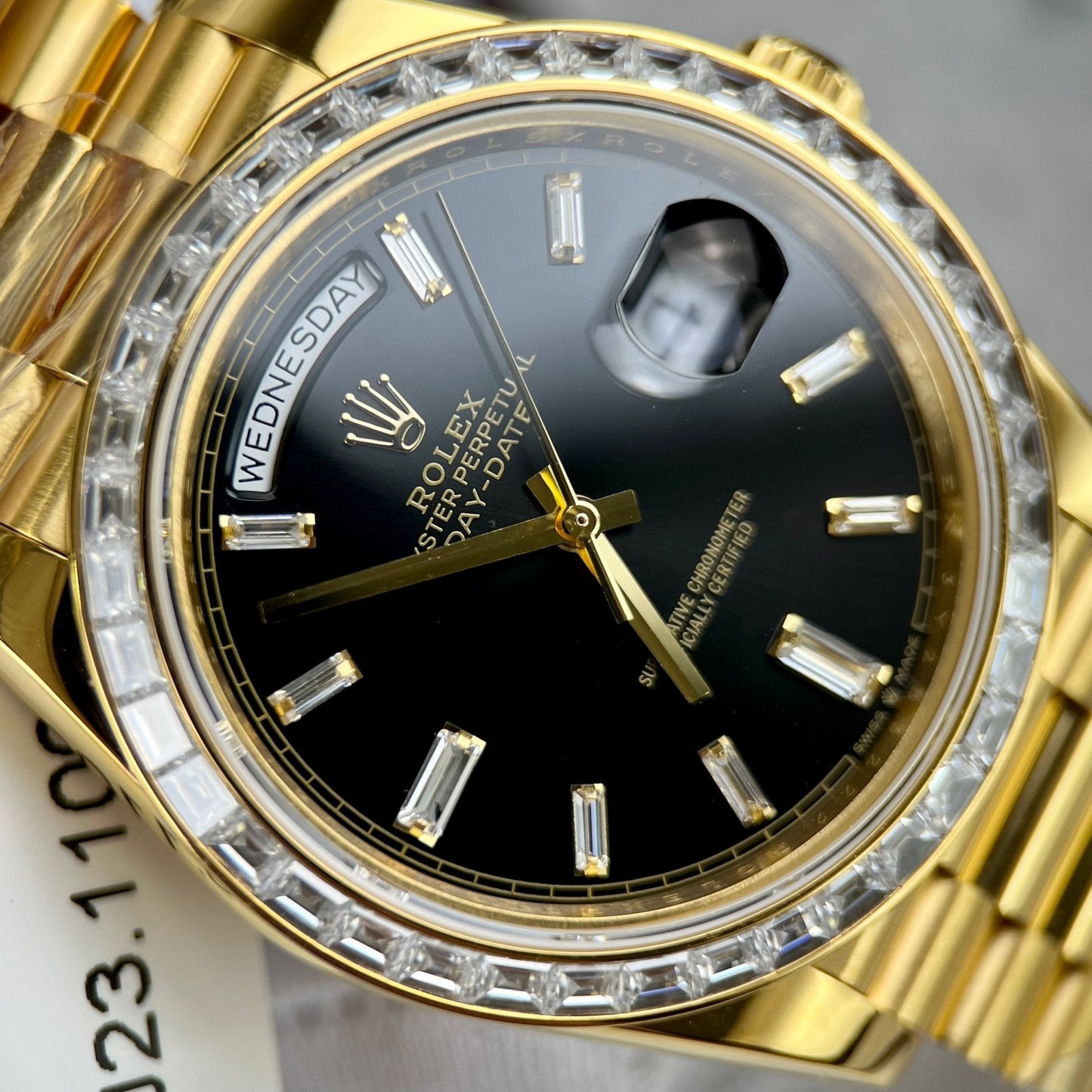 Rolex Day-Date 40 228398TBR wrapped yellow gold 18k and Baguette moissanite bezel