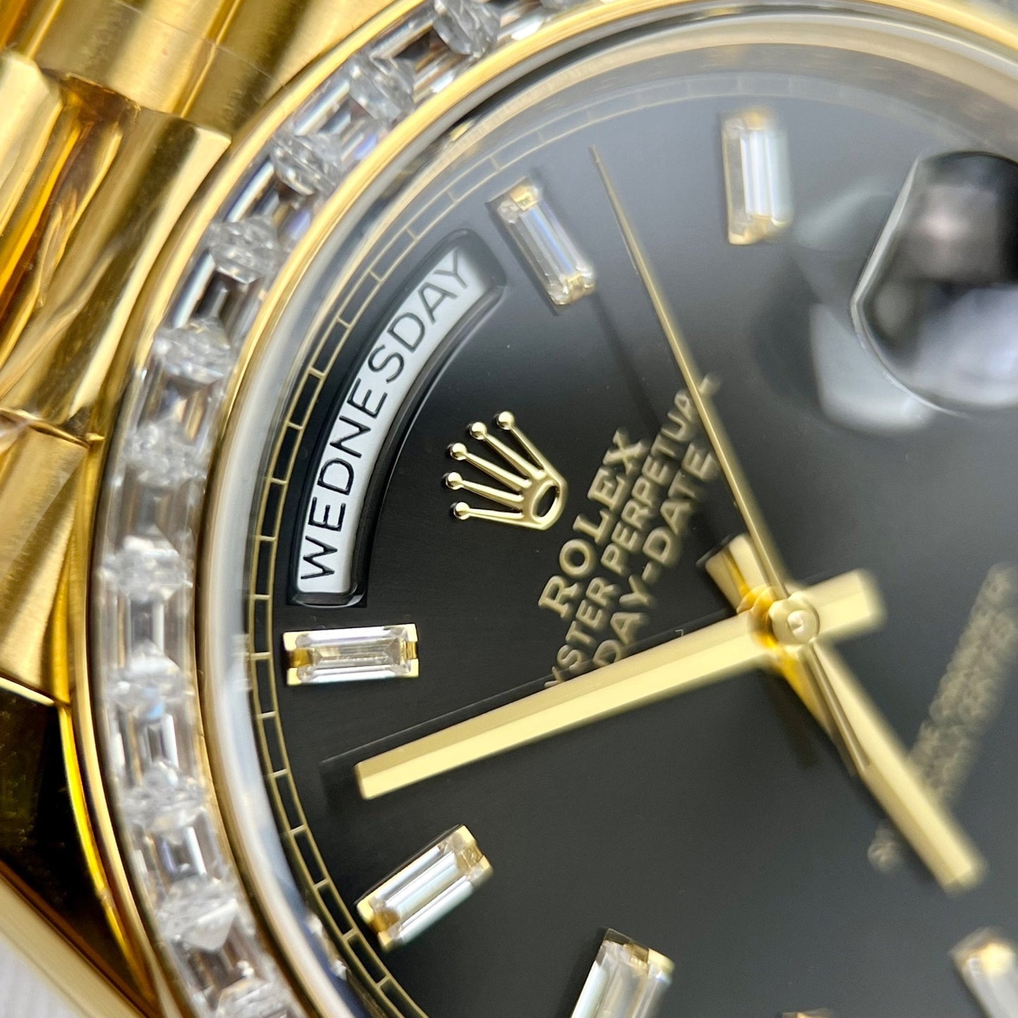 Rolex Day-Date 40 228398TBR wrapped yellow gold 18k and Baguette moissanite bezel