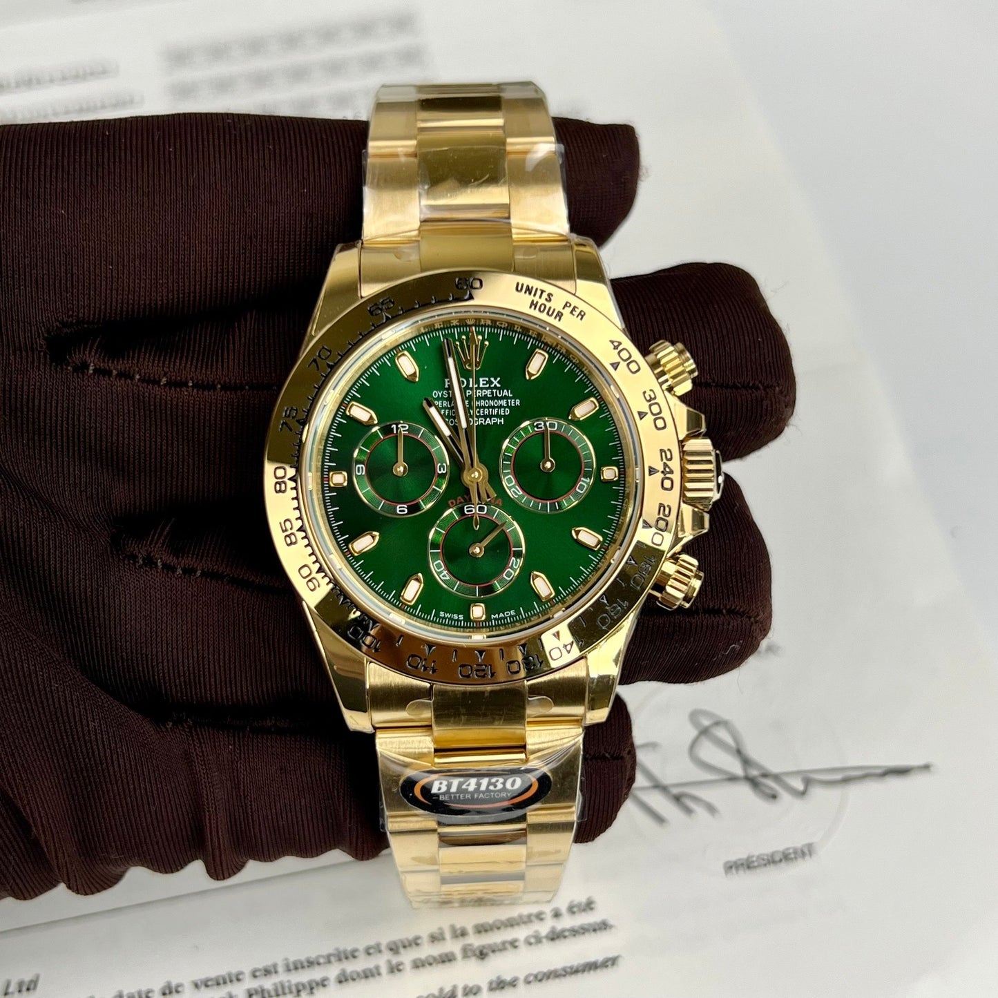 Rolex Yellow Gold Cosmograph Daytona 40 Watch Green Arabic Dial 116508 Coated 18k Yellow gold