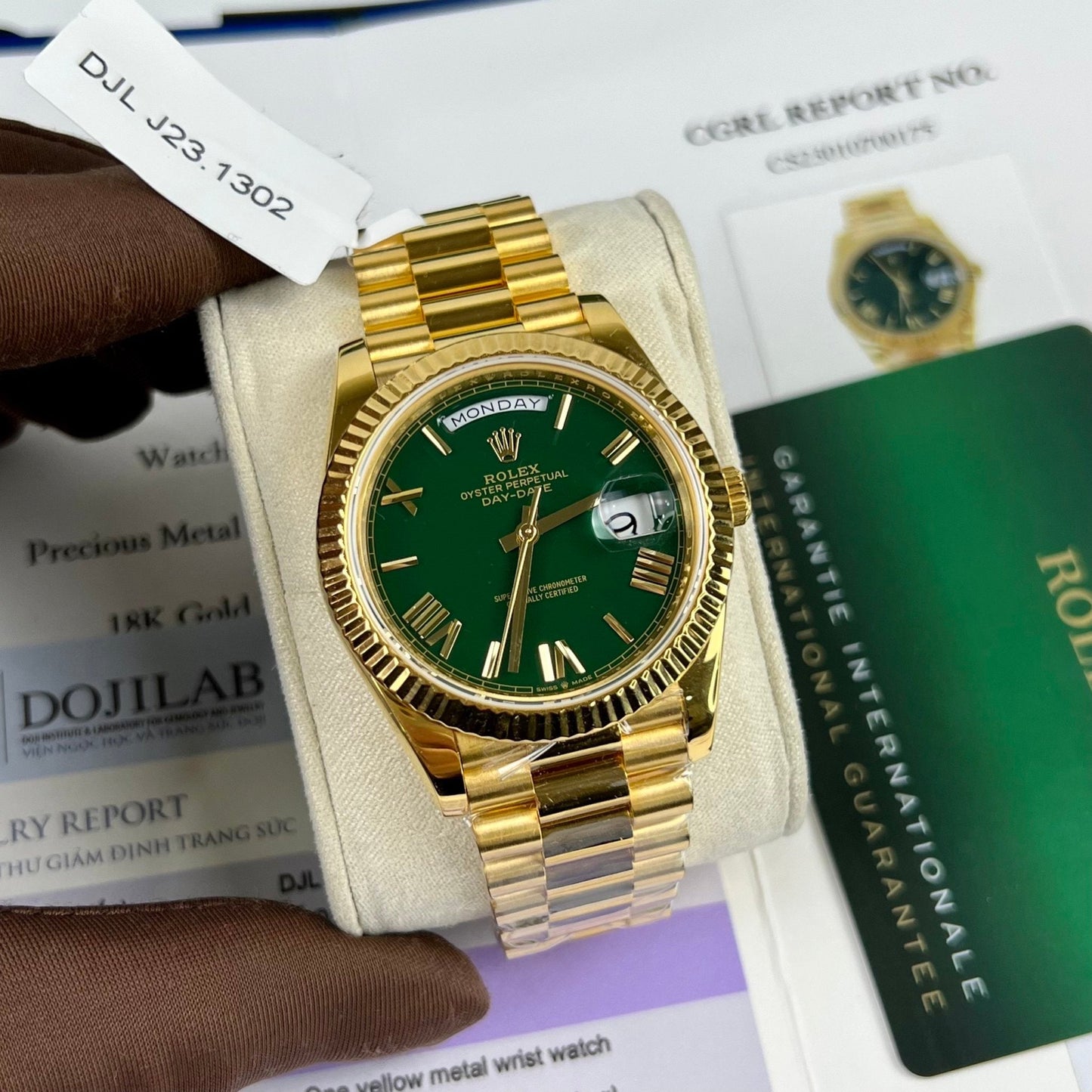 Rolex DayDate 40mm 228238 coated 18k Yellow Gold President Green Dial 130 gram