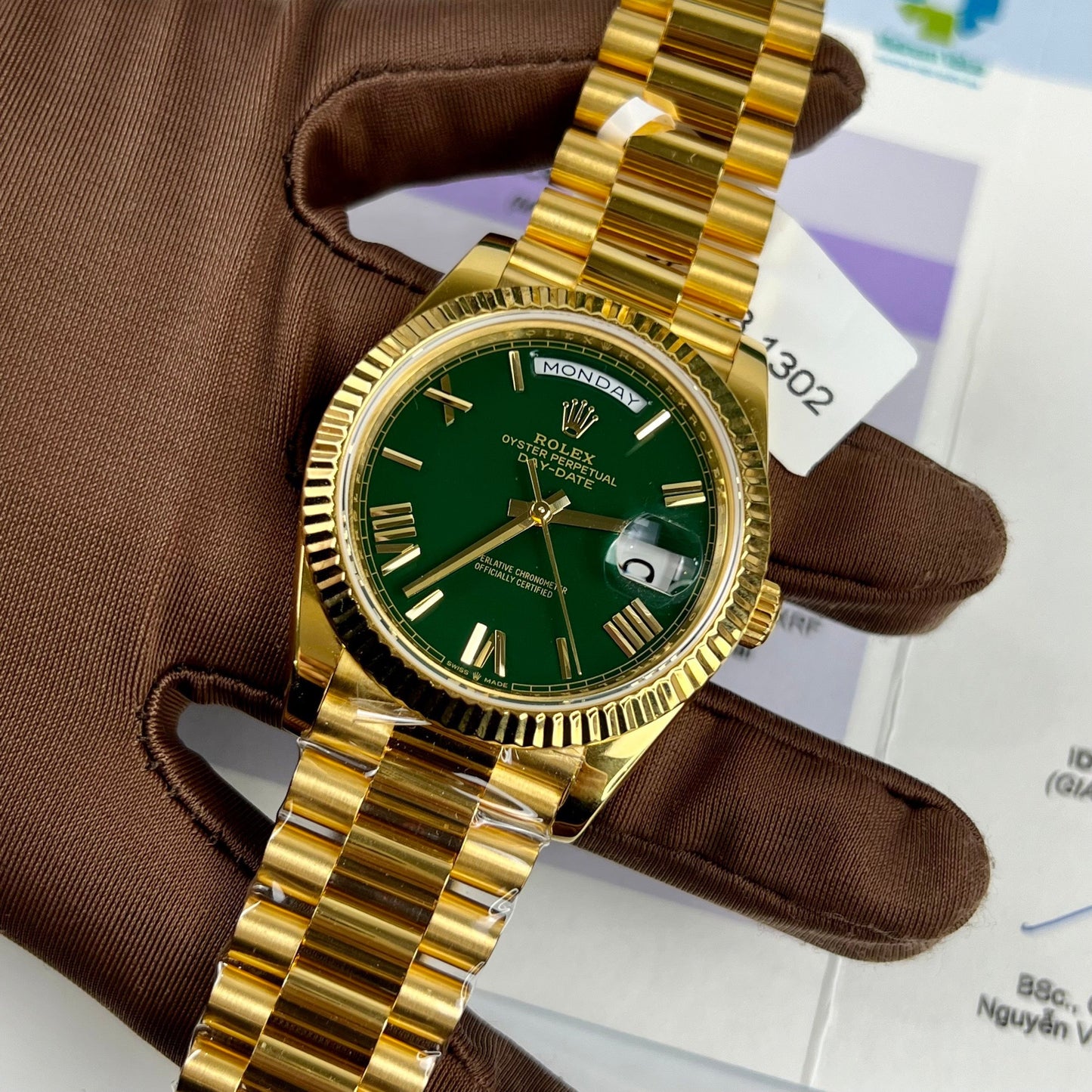 Rolex DayDate 40mm 228238 coated 18k Yellow Gold President Green Dial 130 gram