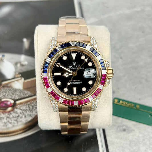 Rolex GMT-Master II 126755 Rainbow Bezel Meilleure édition 1:1 avec Ruby Stone et enveloppé de 18 carats