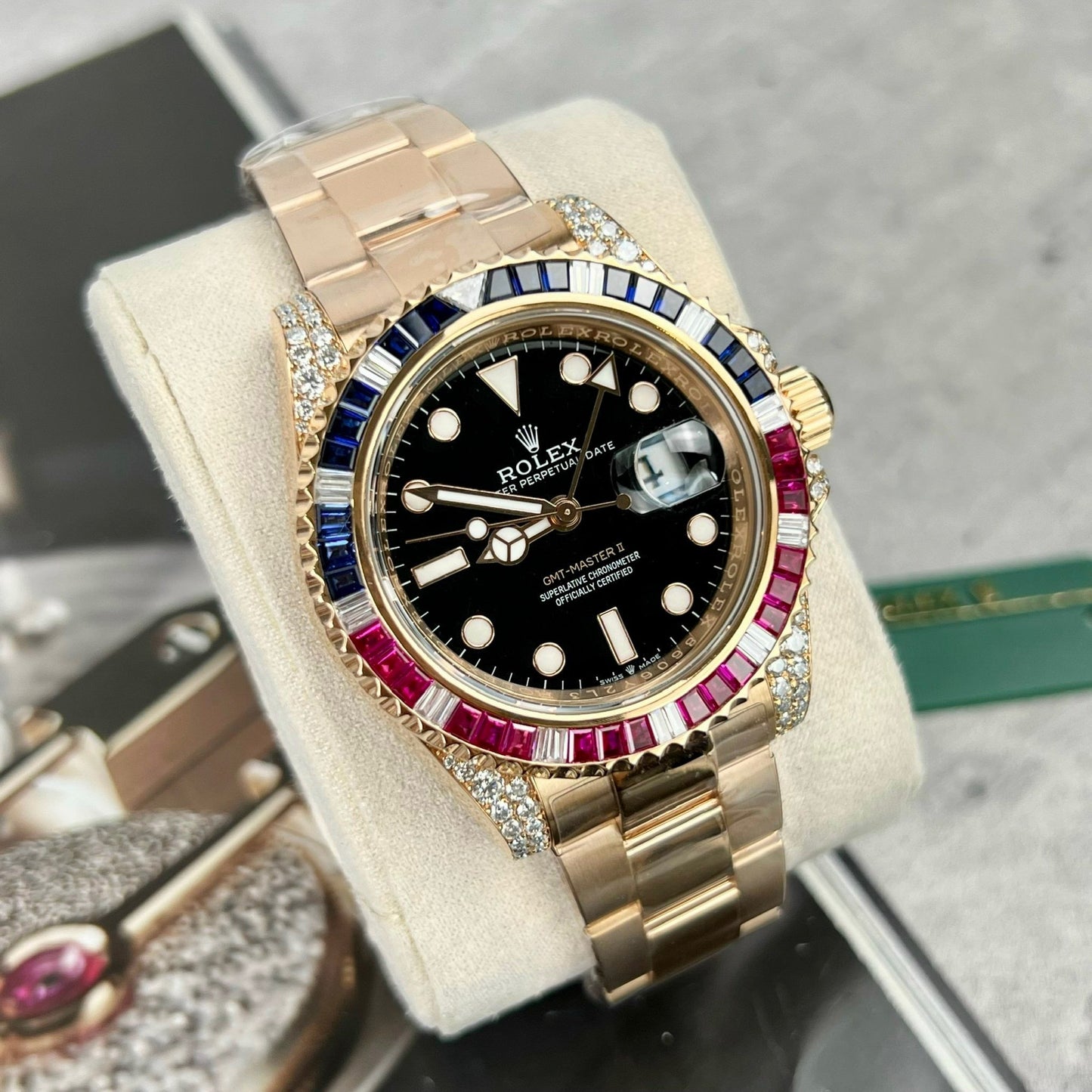 Rolex GMT-Master II 126755 Rainbow Bezel Best 1:1 Edition with Ruby Stone and 18k wrapped
