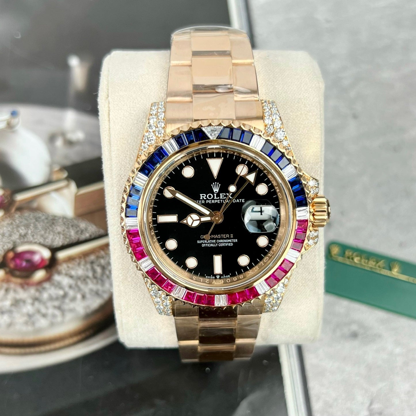 Rolex GMT-Master II 126755 Rainbow Bezel Best 1:1 Edition with Ruby Stone and 18k wrapped