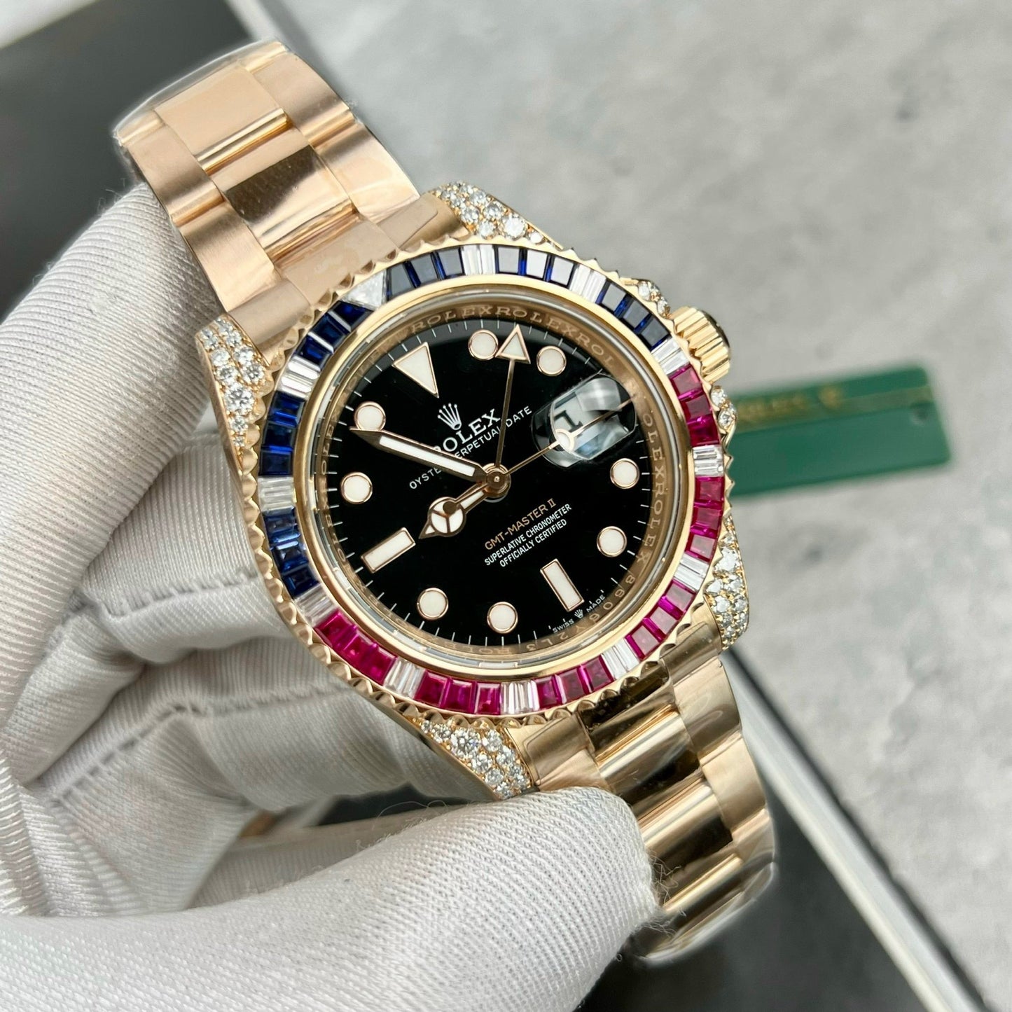 Rolex GMT-Master II 126755 Rainbow Bezel Best 1:1 Edition with Ruby Stone and 18k wrapped