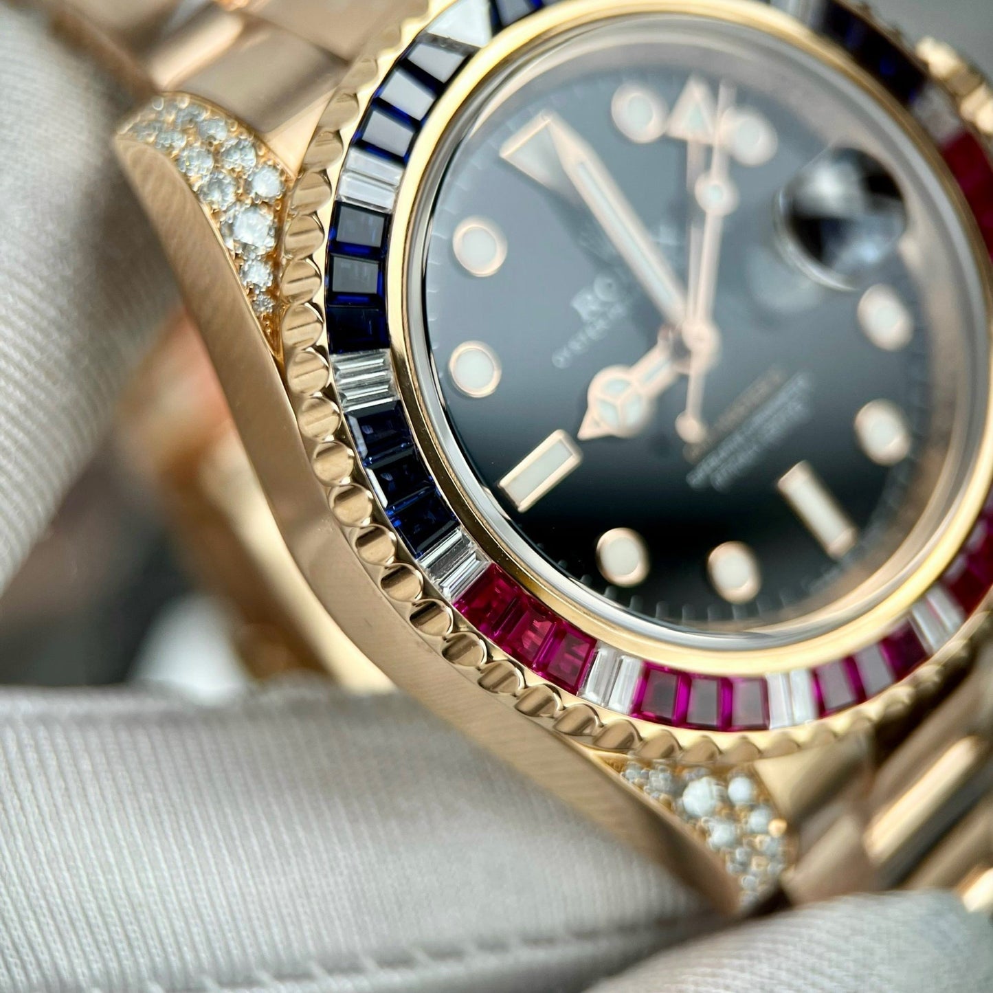 Rolex GMT-Master II 126755 Rainbow Bezel Best 1:1 Edition with Ruby Stone and 18k wrapped