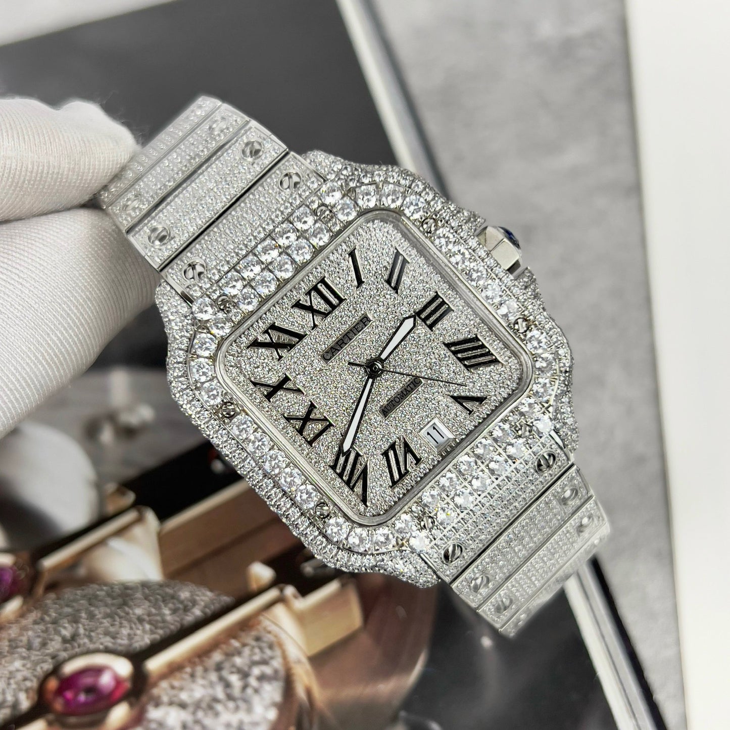 Santos De Cartier 40 mm Acier – Pavé Personnalisé Pierre Swarovski