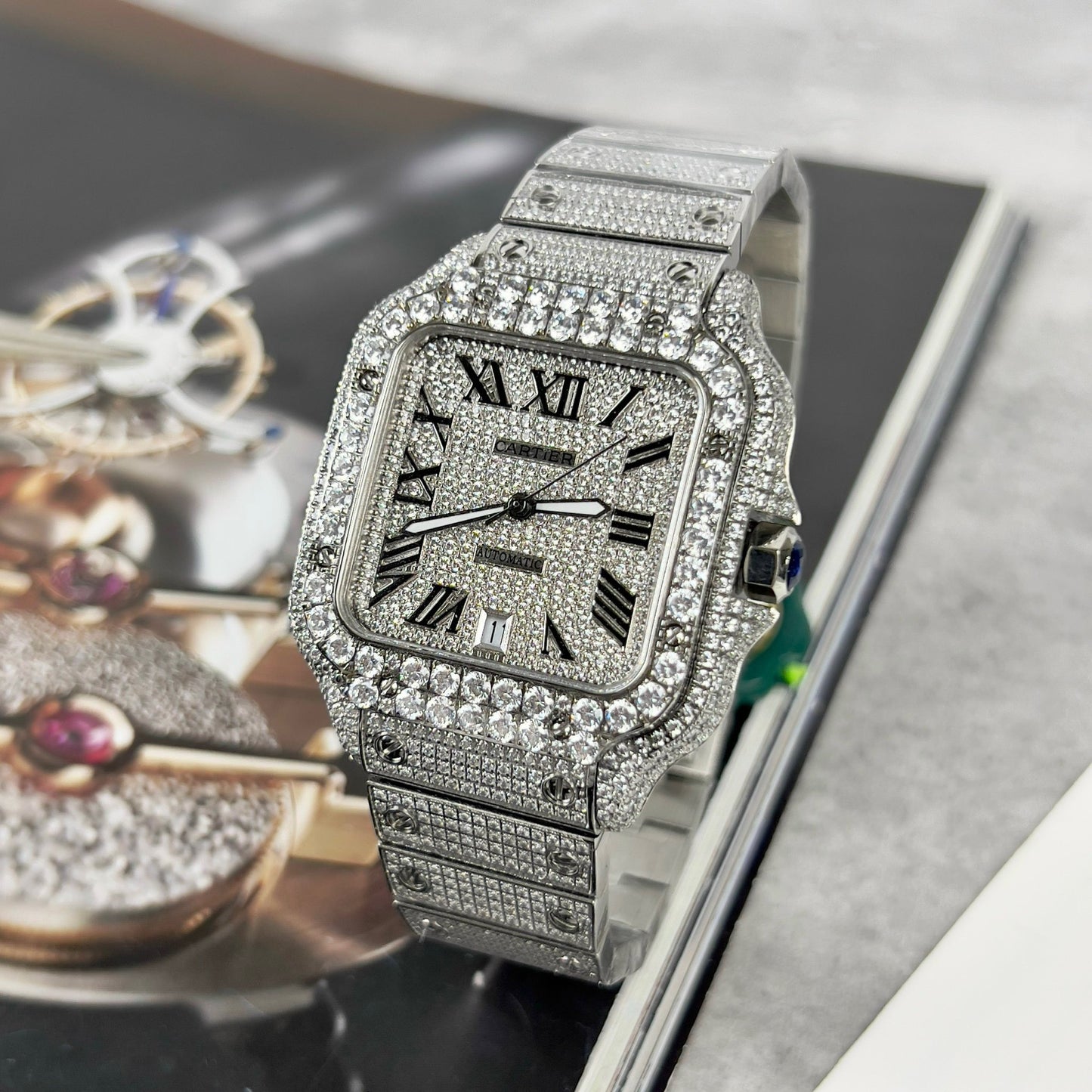 Santos De Cartier 40 mm Acier – Pavé Personnalisé Pierre Swarovski