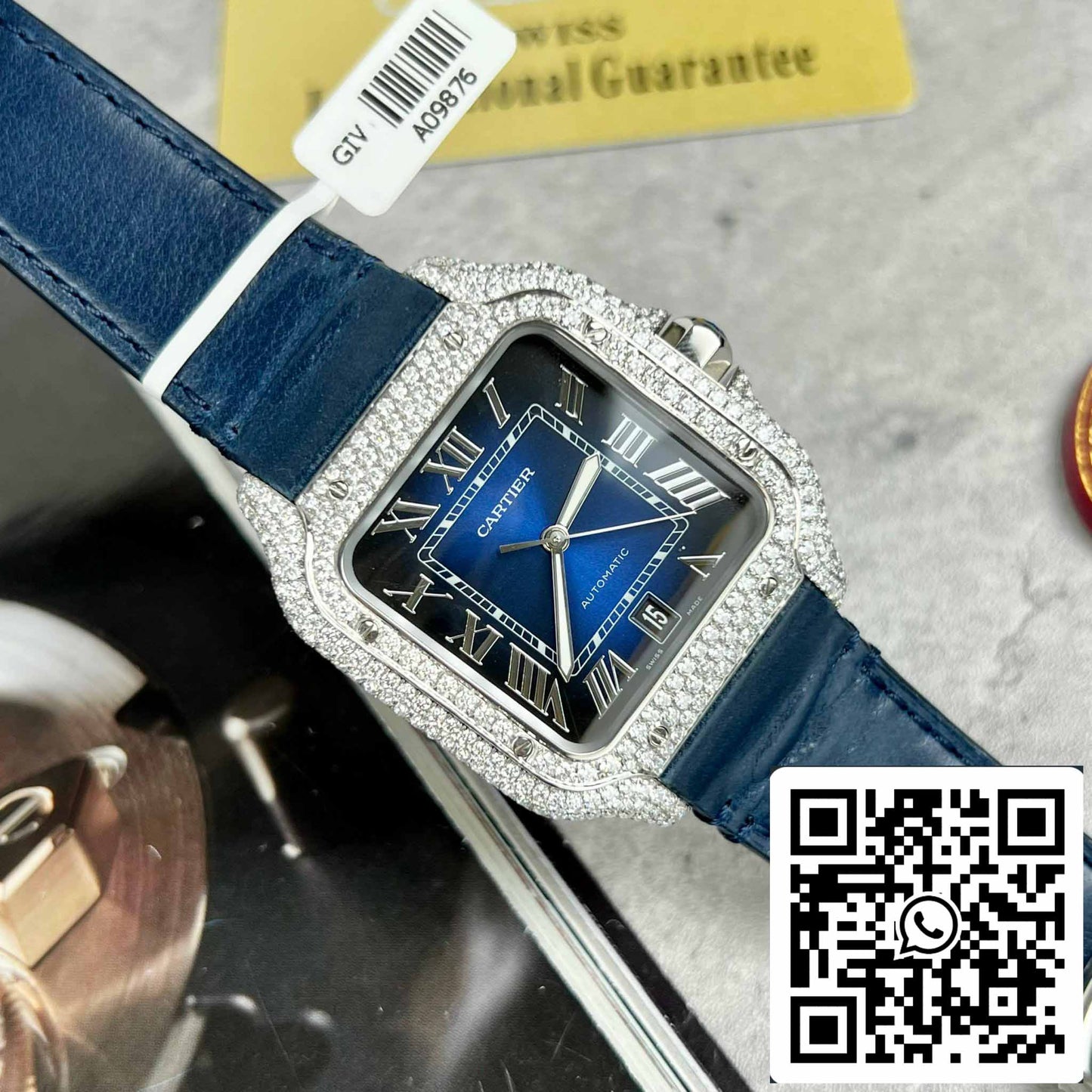 Cartier - Santos De Cartier - Acier – Serti de diamants personnalisés – Cadran bleu BV Factory