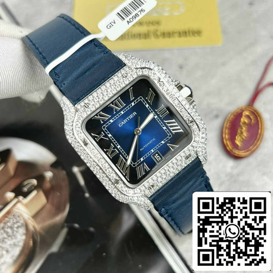 Cartier – Santos De Cartier – Stahl – individuell mit Diamanten besetzt – blaues Zifferblatt BV Factory