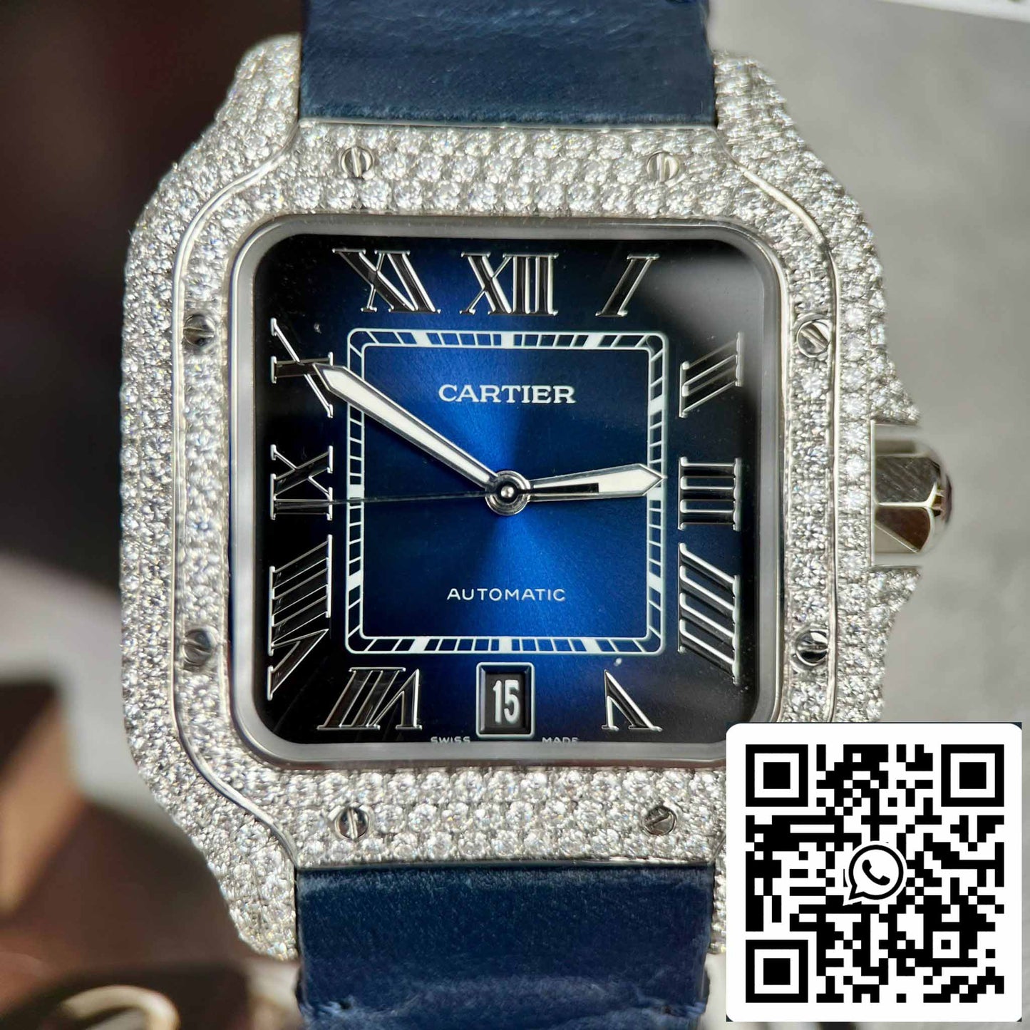 Cartier - Santos De Cartier - Acier – Serti de diamants personnalisés – Cadran bleu BV Factory