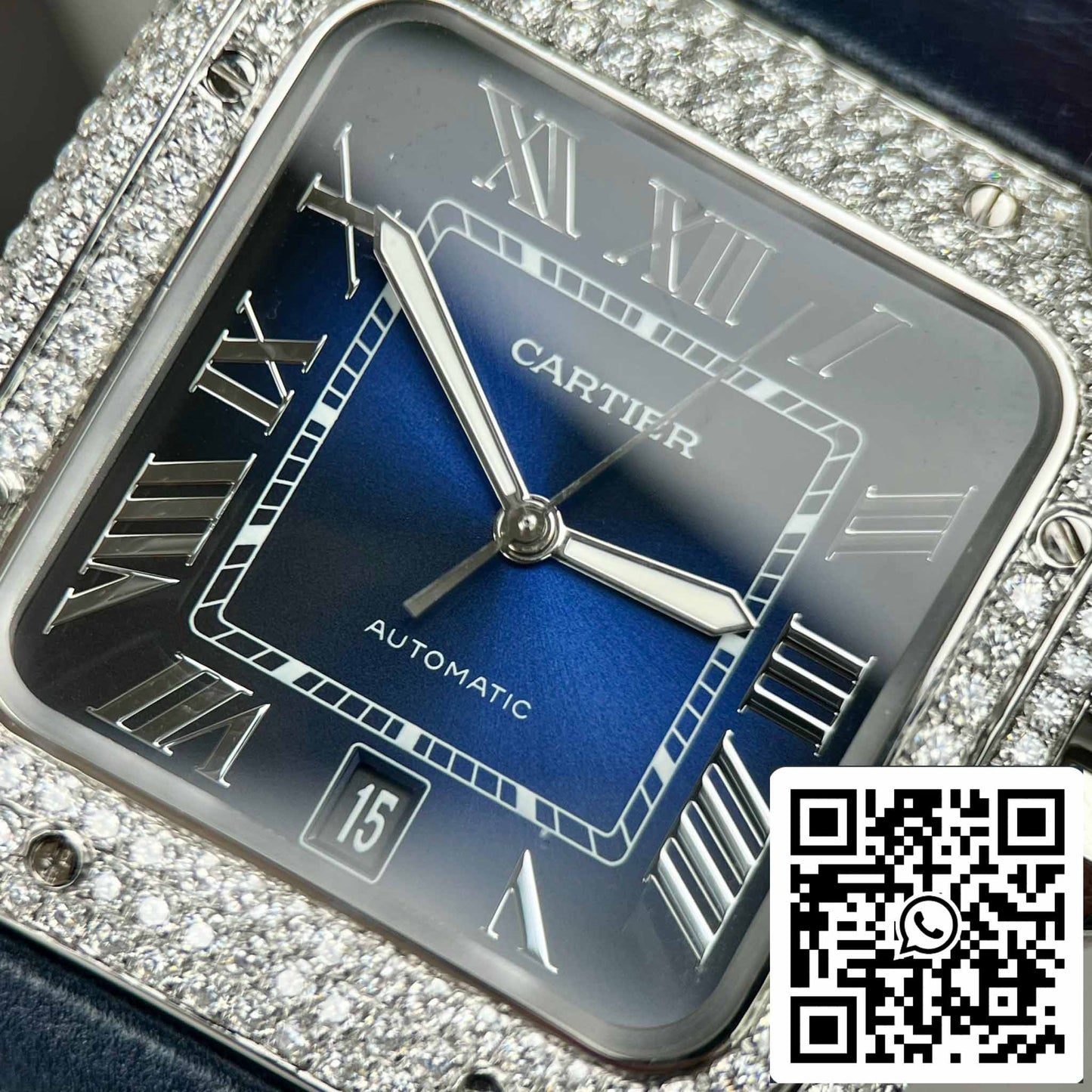 Cartier - Santos De Cartier - Acier – Serti de diamants personnalisés – Cadran bleu BV Factory