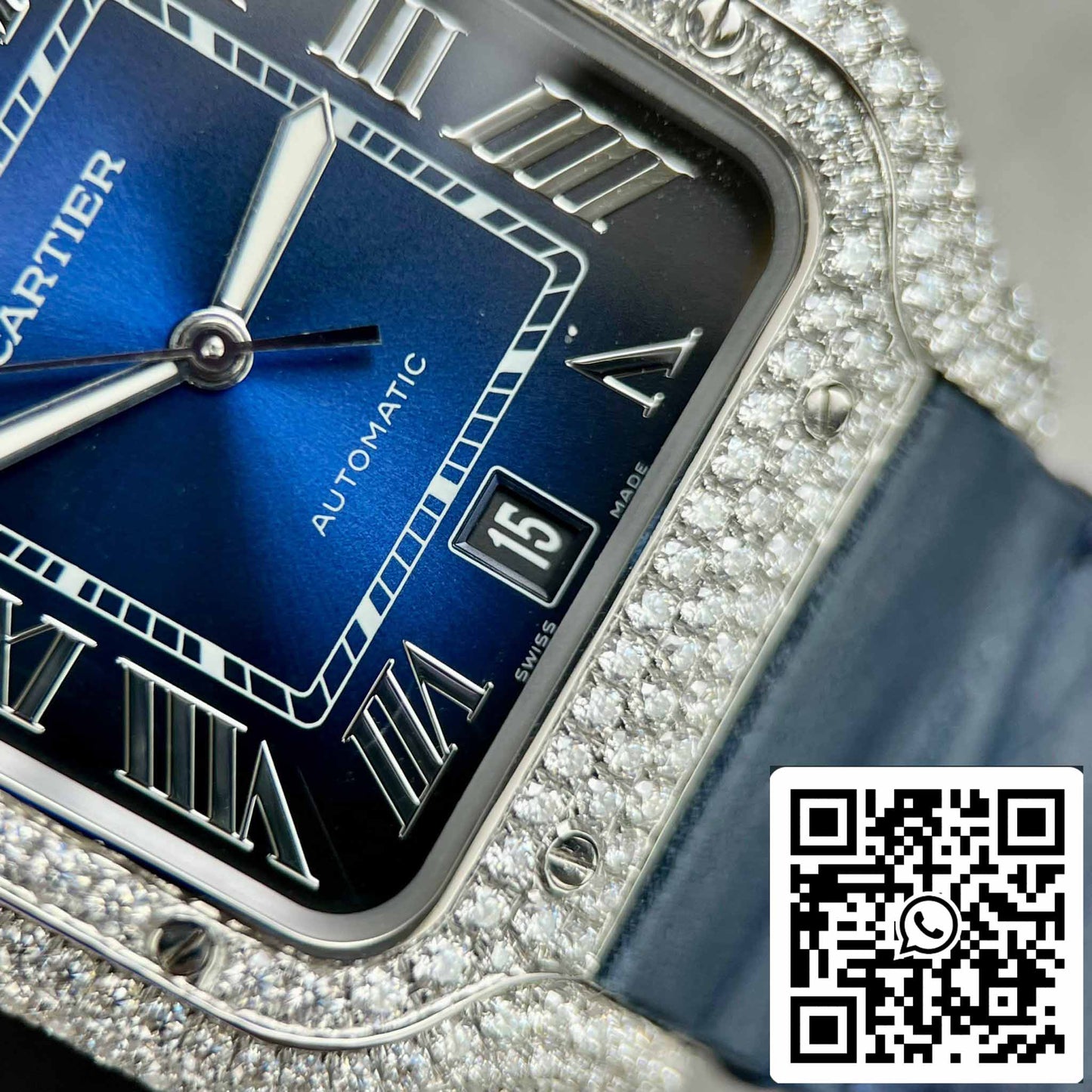 Cartier - Santos De Cartier - Acier – Serti de diamants personnalisés – Cadran bleu BV Factory