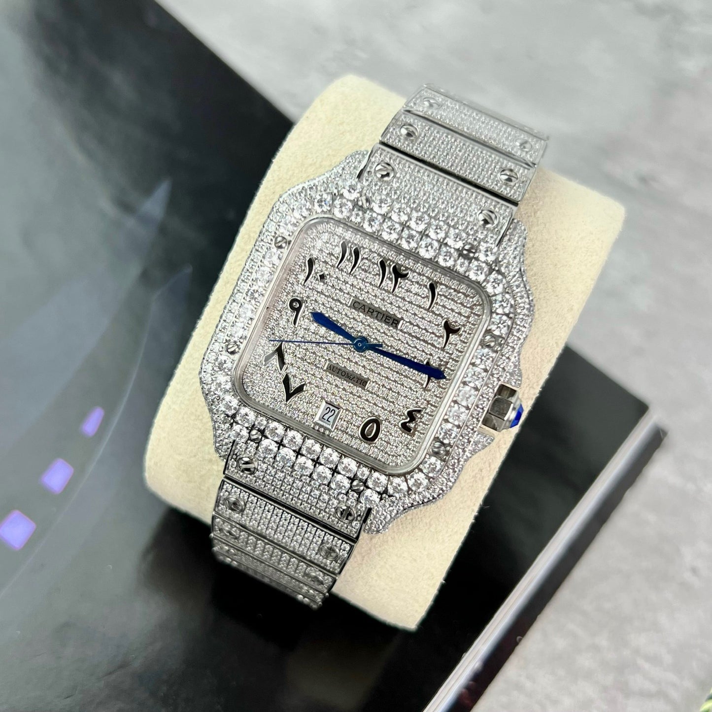 Santos De Cartier 40 mm Acier - Cadran arabe en pierre Swarovski pavé personnalisé