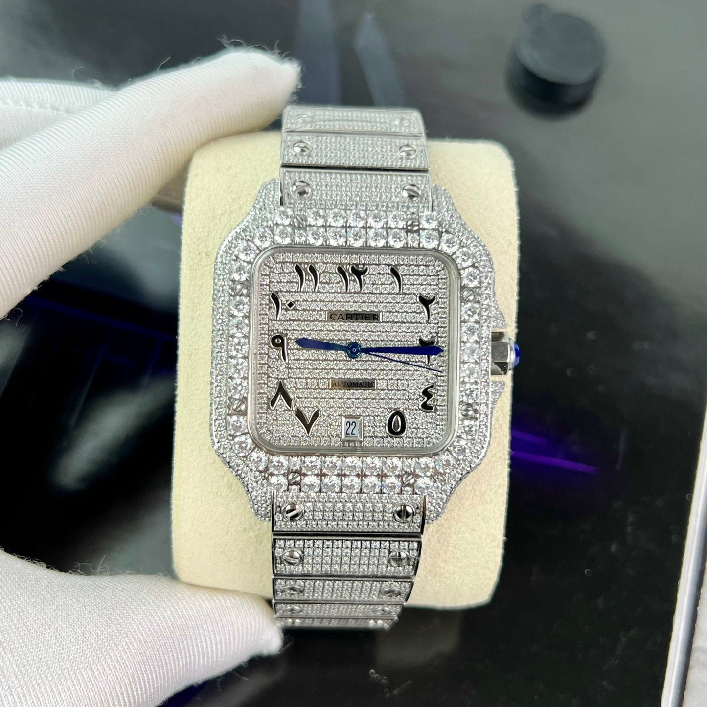 Santos De Cartier 40mm Steel – Custom Pavé Swarovski Stone Arabic Dial