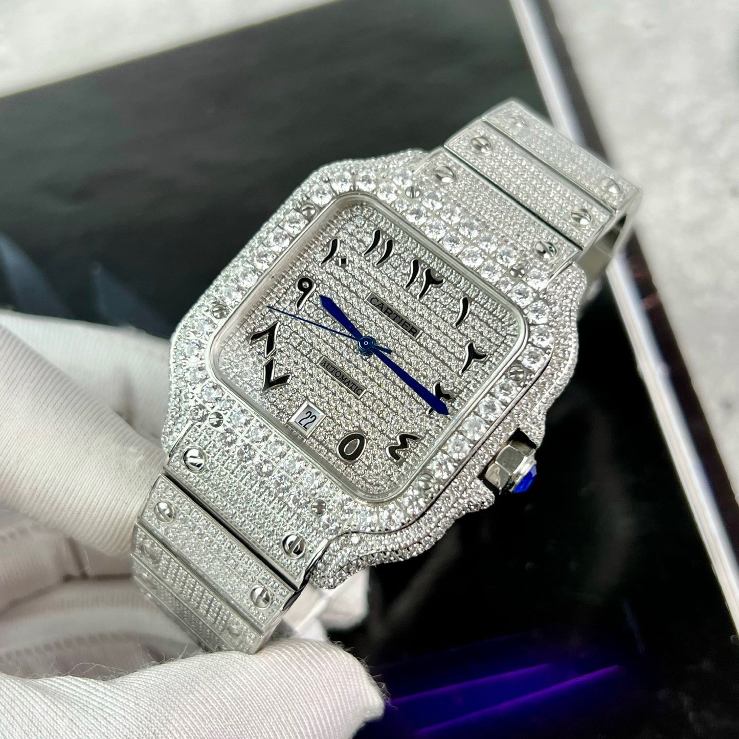 Santos De Cartier 40 mm Acier - Cadran arabe en pierre Swarovski pavé personnalisé