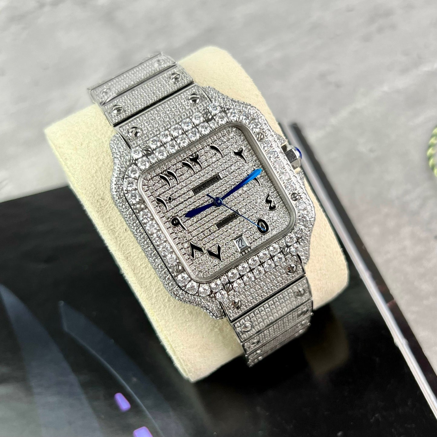 Santos De Cartier 40 mm Acier - Cadran arabe en pierre Swarovski pavé personnalisé