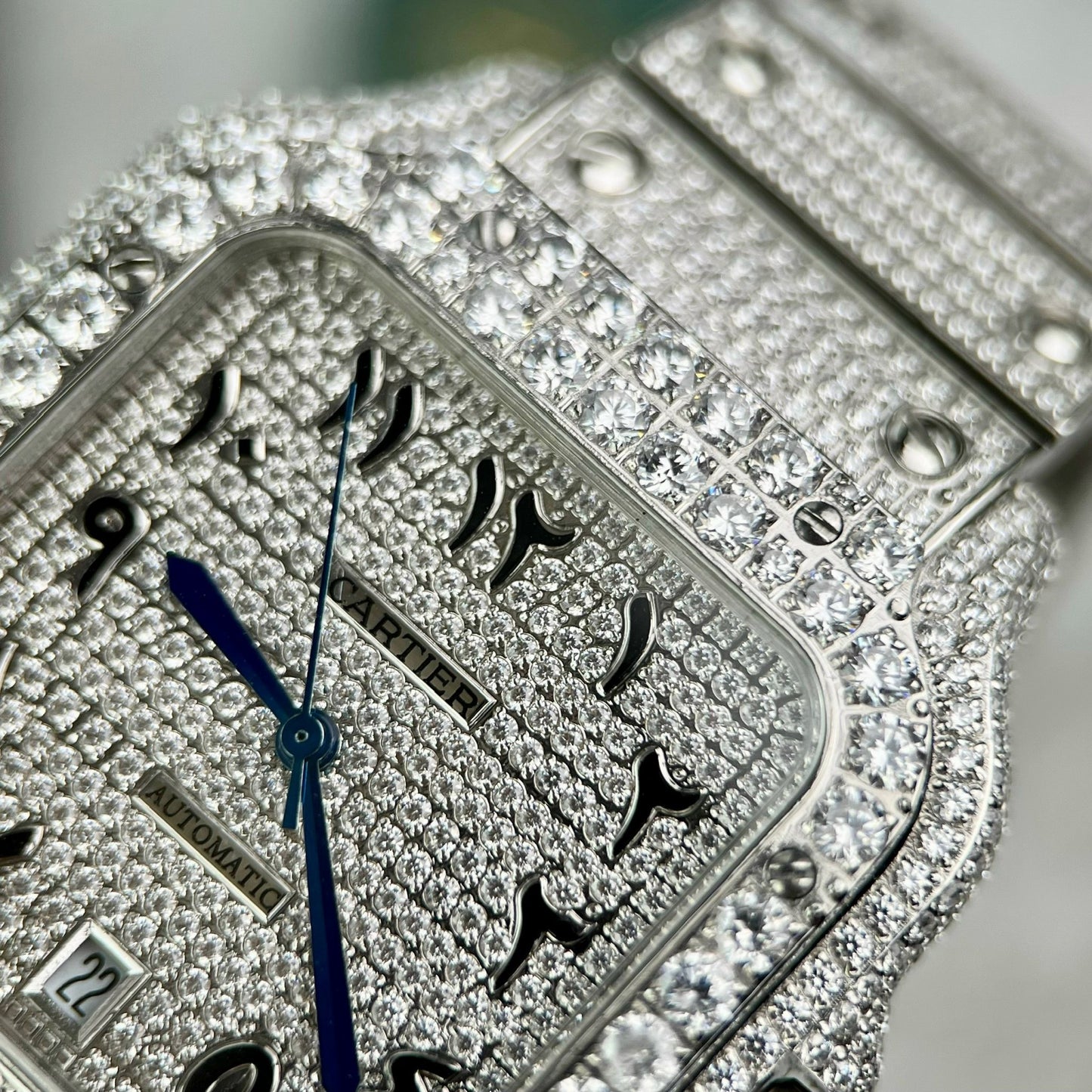 Santos De Cartier 40 mm Acier - Cadran arabe en pierre Swarovski pavé personnalisé