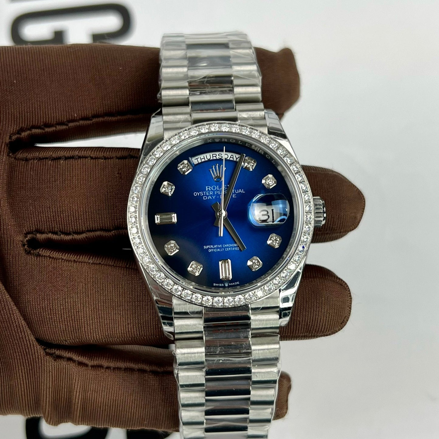 Rolex Day Date M128349RBR-0016 Stone Bezel 1:1 Best Edition EW Factory Blue Dial