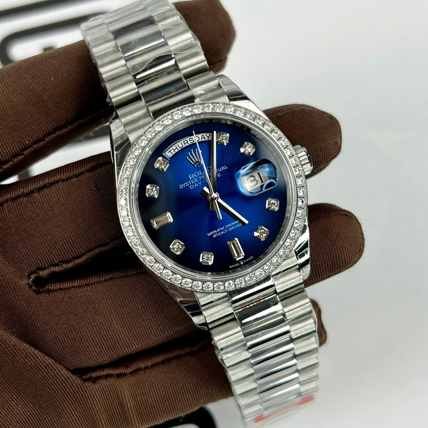 Rolex Day Date M128349RBR-0016 Stone Bezel 1:1 Best Edition EW Factory Blue Dial