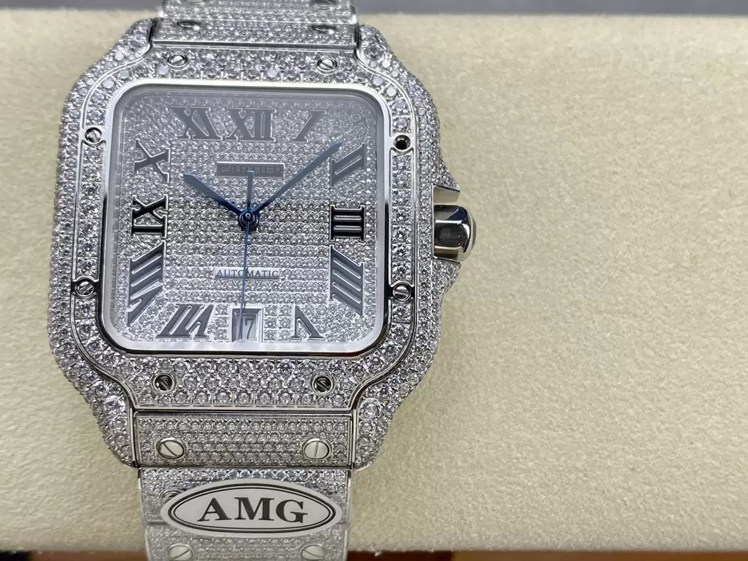 Santos De Cartier Diamond Numeric Silver Dial  1:1 Best Edition AMG Factory Swarovski Stone