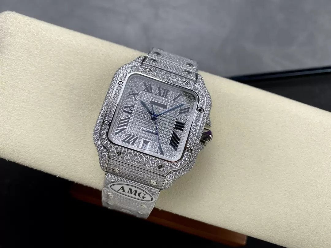 Santos De Cartier Diamond Numeric Silver Dial  1:1 Best Edition AMG Factory Swarovski Stone