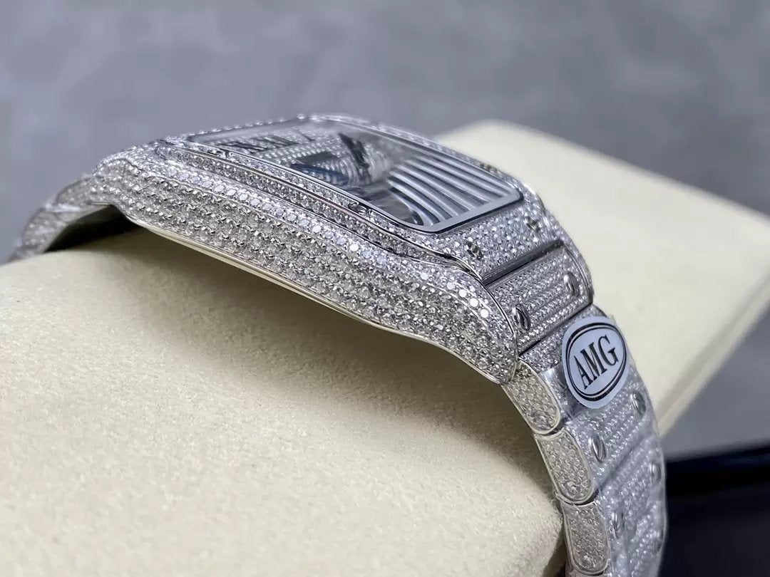 Santos De Cartier Diamond Numeric Silver Dial  1:1 Best Edition AMG Factory Swarovski Stone