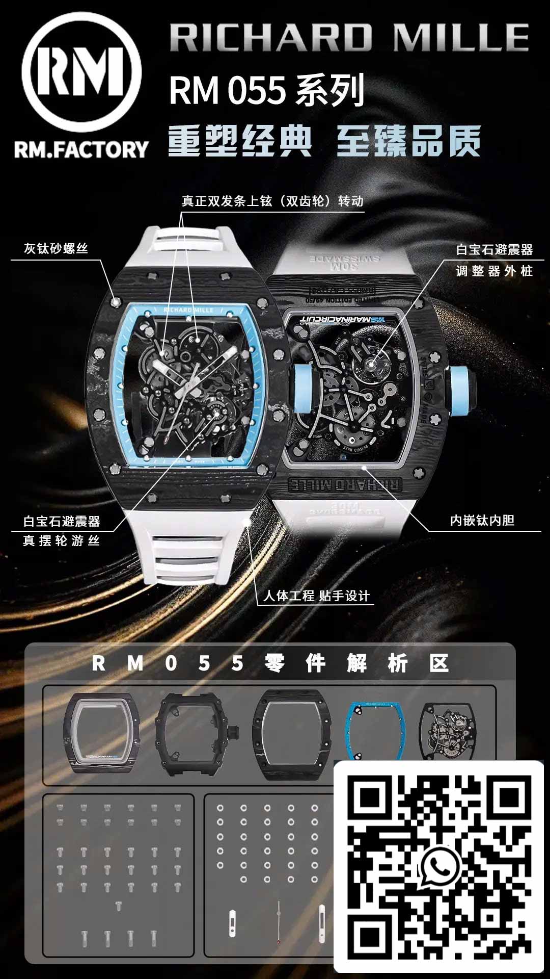 RICHARD MILLE RM055 Boîtier en fibre de carbone 1:1 Meilleure édition RM Factory la plus récente 2024 Cadran bleu 