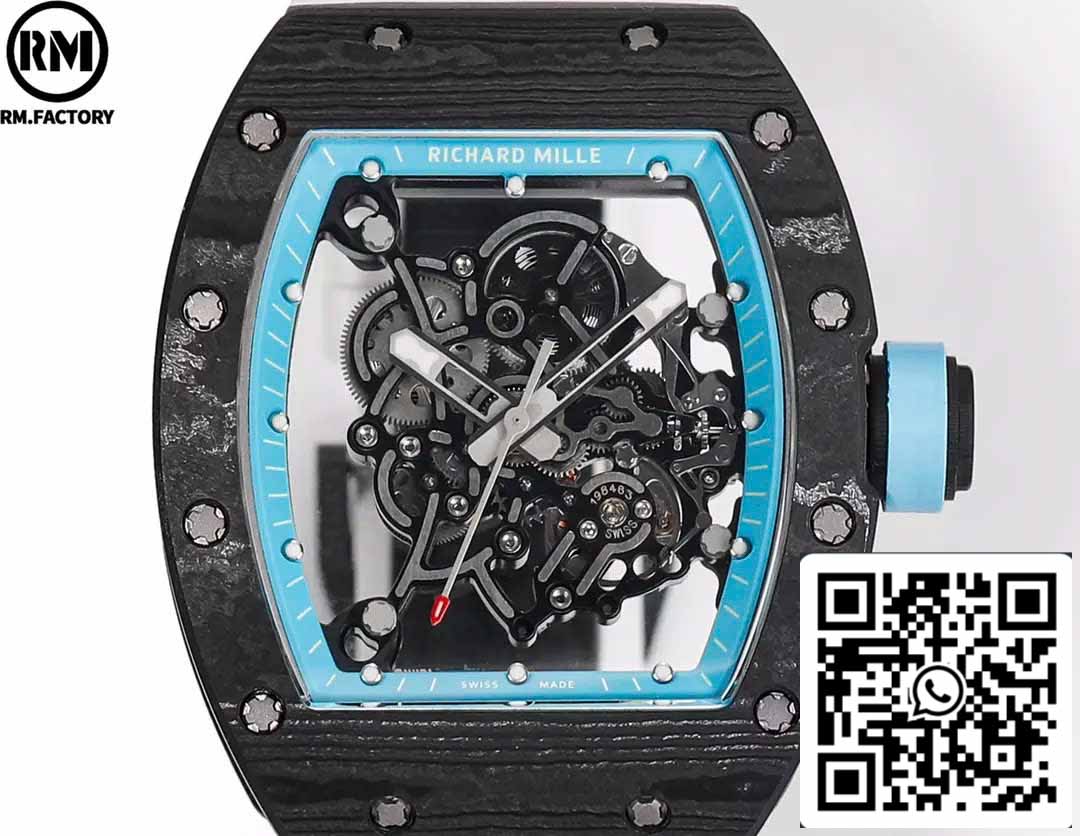 RICHARD MILLE RM055 Boîtier en fibre de carbone 1:1 Meilleure édition RM Factory la plus récente 2024 Cadran bleu 