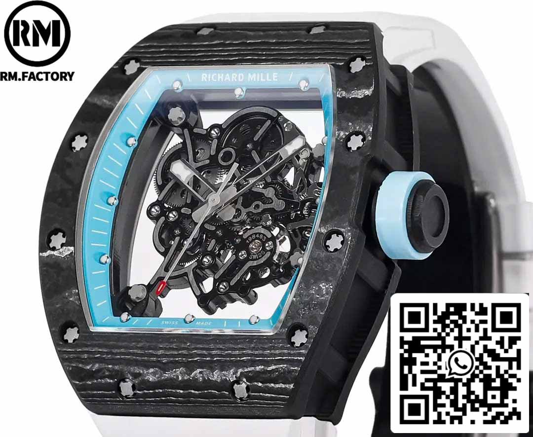 RICHARD MILLE RM055 Boîtier en fibre de carbone 1:1 Meilleure édition RM Factory la plus récente 2024 Cadran bleu 