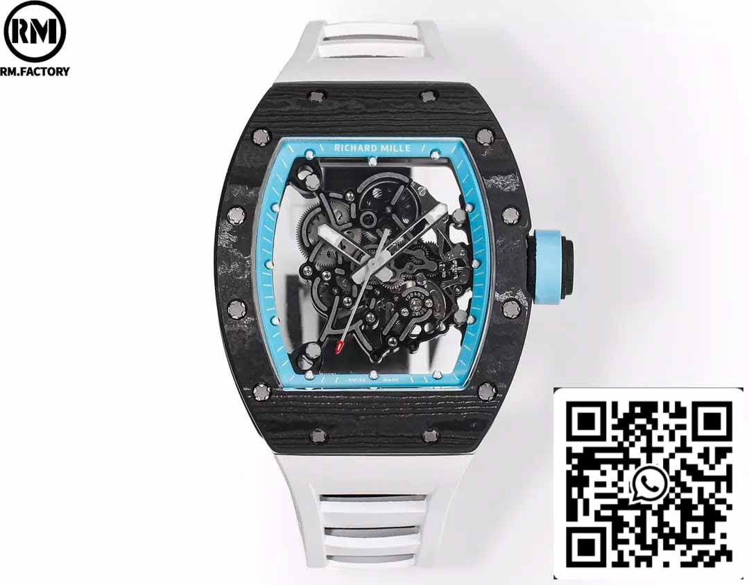 RICHARD MILLE RM055 Boîtier en fibre de carbone 1:1 Meilleure édition RM Factory la plus récente 2024 Cadran bleu 