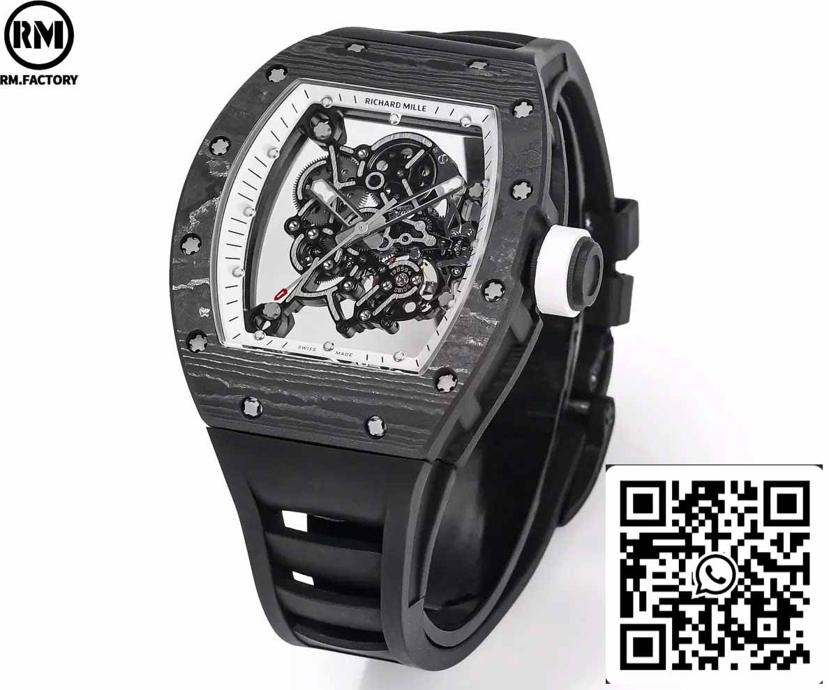 RICHARD MILLE RM055 Boîtier en fibre de carbone 1:1 Meilleure édition RM Factory la plus récente 2024 Cadran blanc 