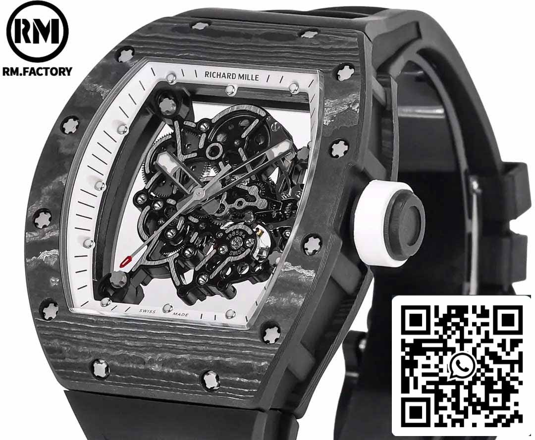 RICHARD MILLE RM055 Boîtier en fibre de carbone 1:1 Meilleure édition RM Factory la plus récente 2024 Cadran blanc 