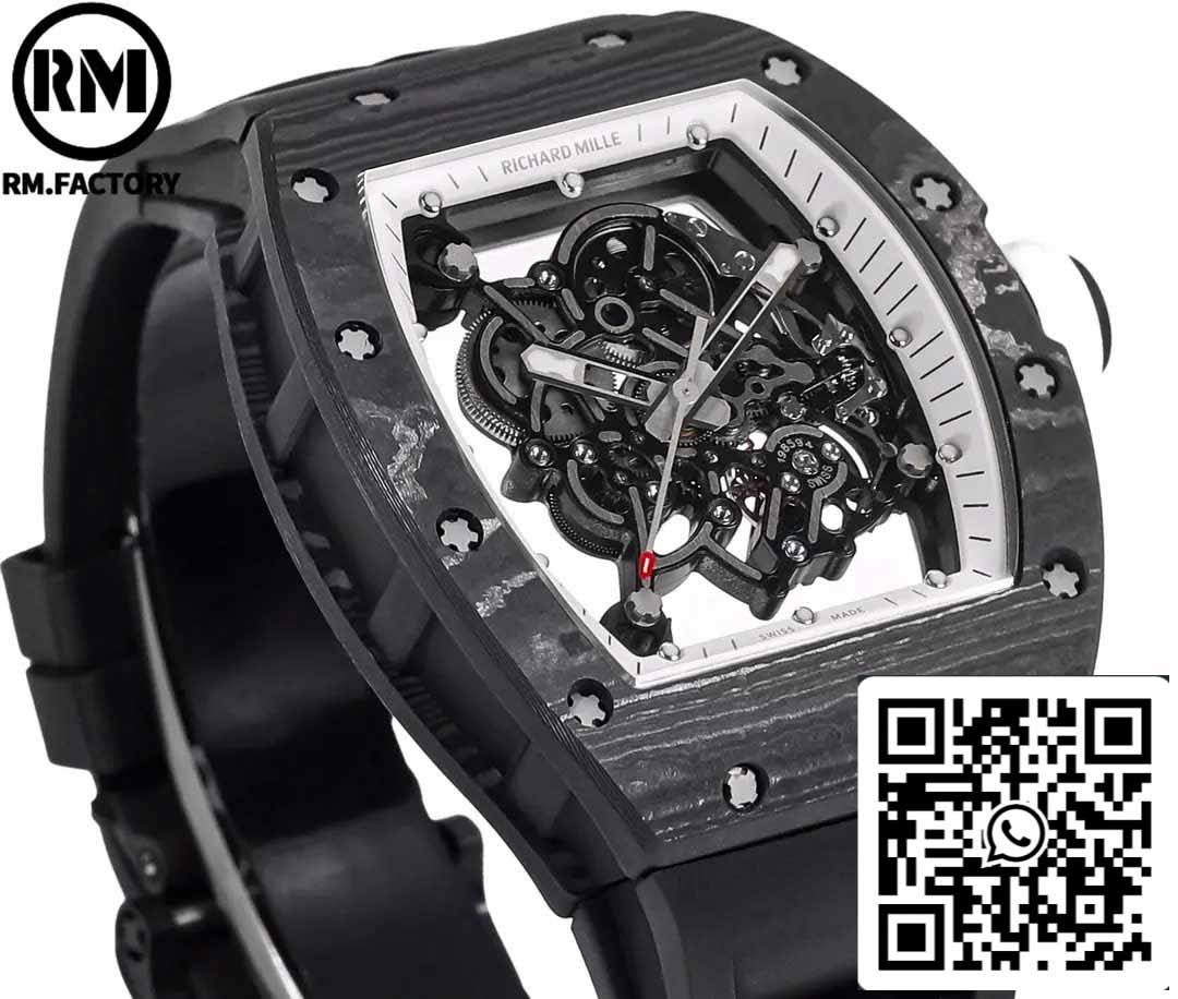 RICHARD MILLE RM055 Boîtier en fibre de carbone 1:1 Meilleure édition RM Factory la plus récente 2024 Cadran blanc 